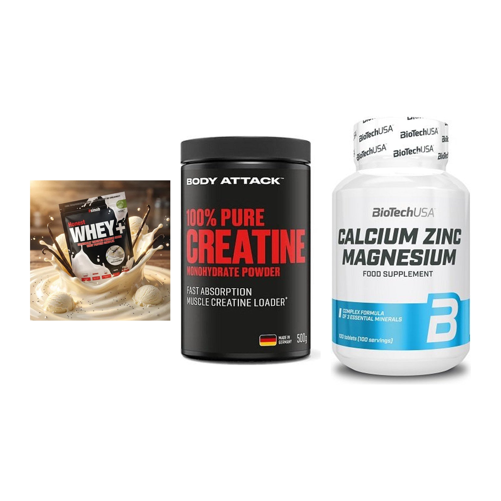 Einsteiger-Set: Sinob Honest + Body Attack 100% + BioTech Calcium – alle enthaltenen Artikel