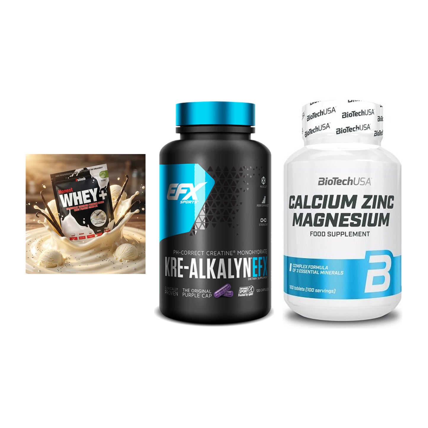 Einsteiger-Set: Sinob Honest + EFX Kre-Alkalyn + BioTech Calcium – alle enthaltenen Artikel