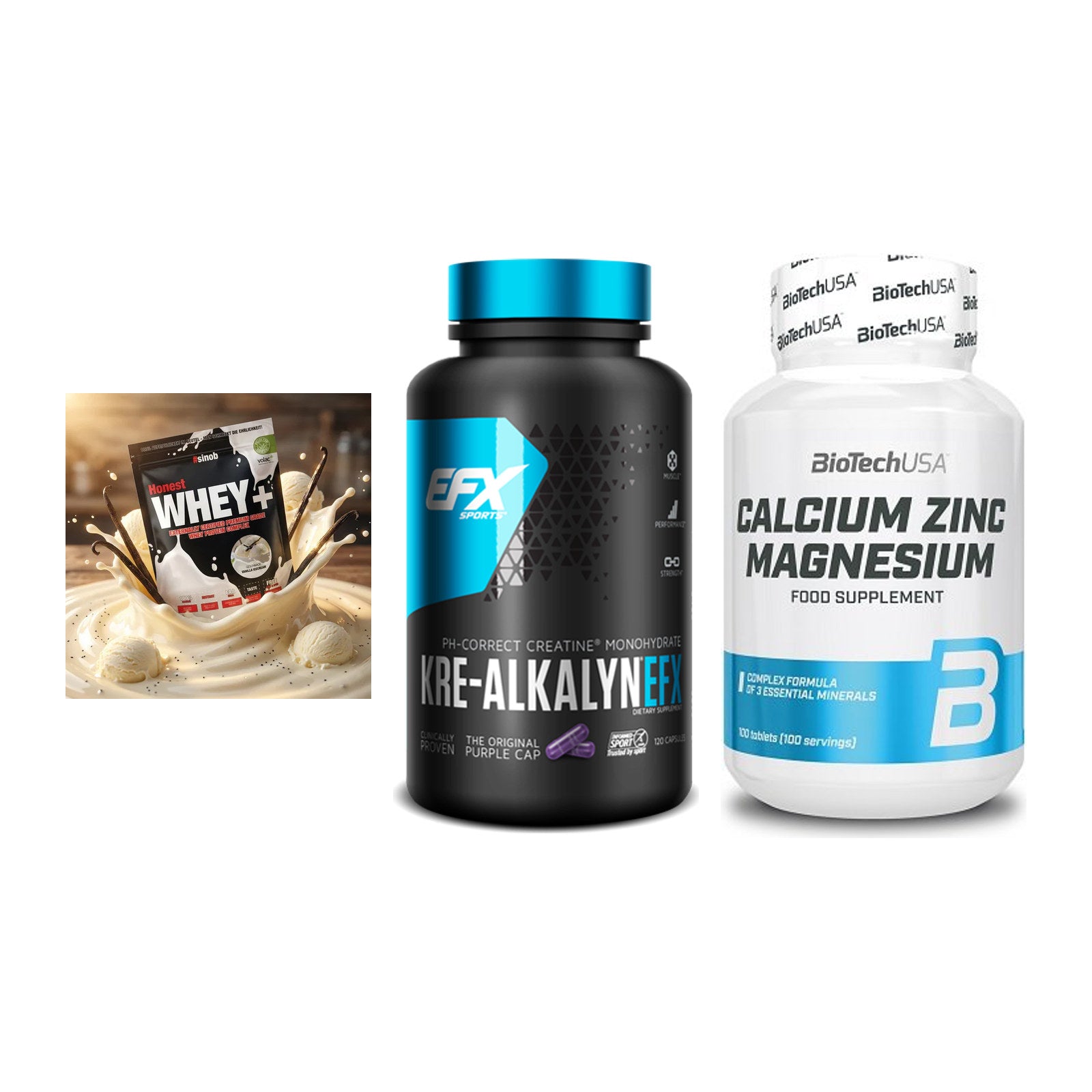 Einsteiger-Set: Sinob Honest + EFX Kre-Alkalyn + BioTech Calcium – alle enthaltenen Artikel