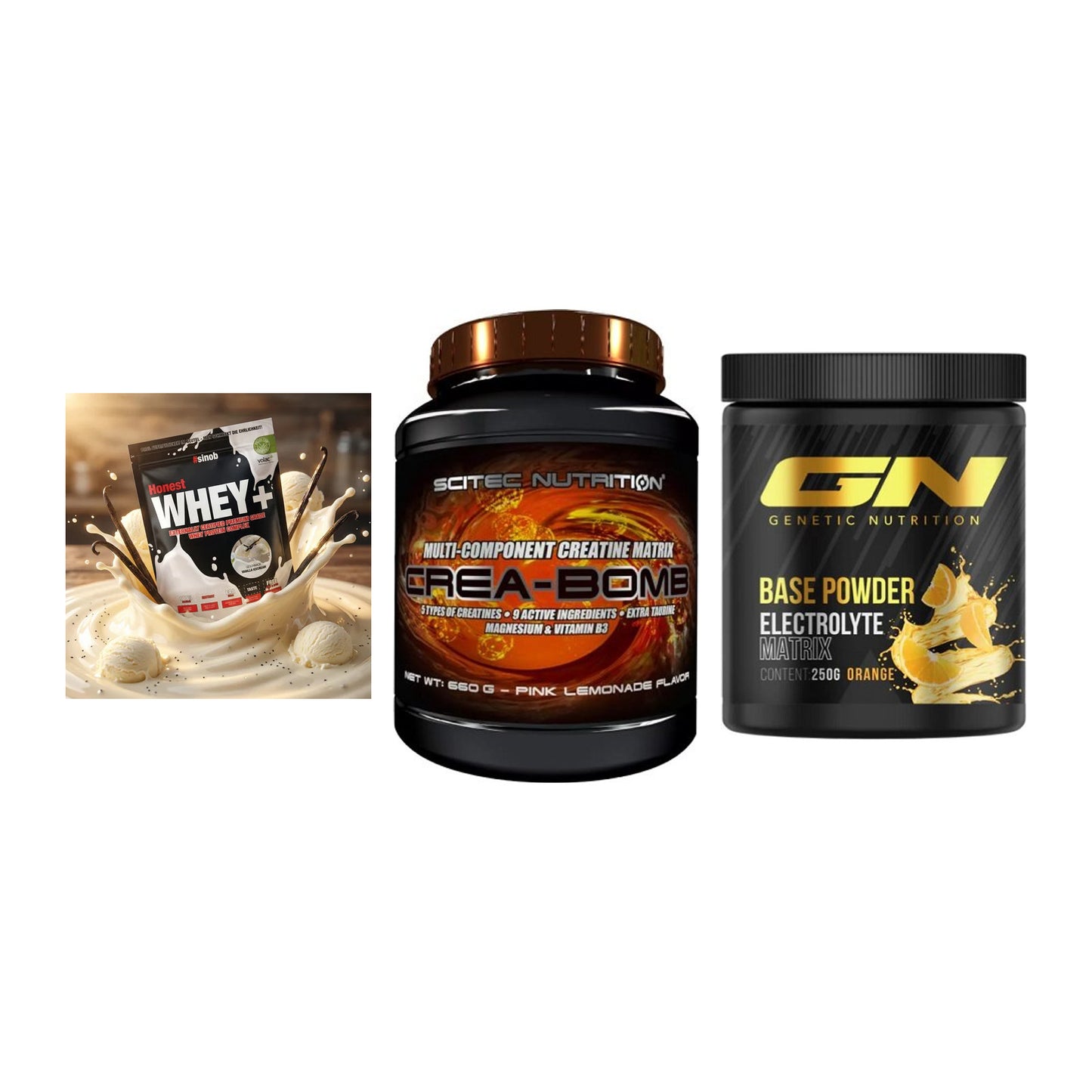 Einsteiger-Set: Sinob Honest Whey+ + Scitec Crea-Bomb + GN Base Powder – alle enthaltenen Artikel