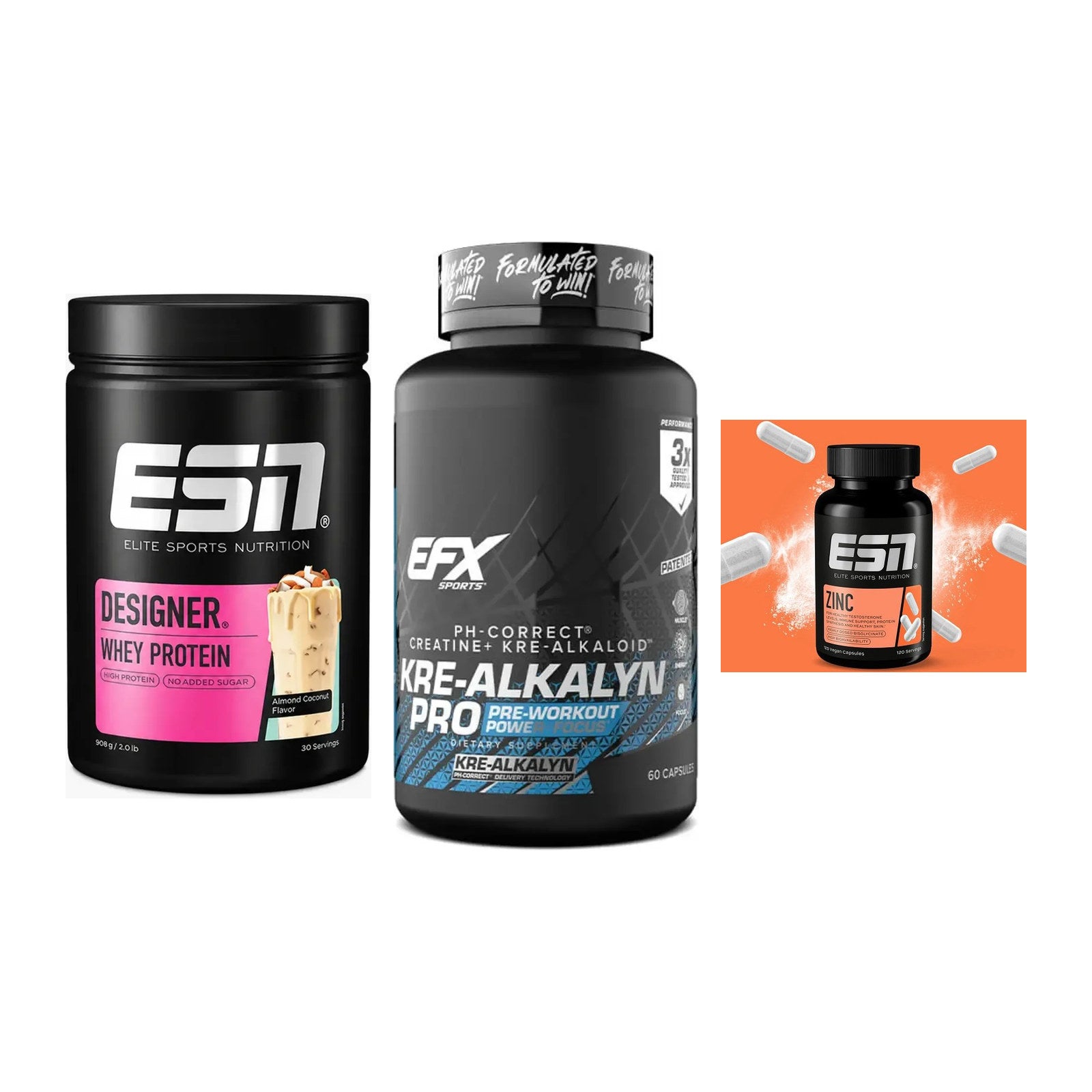 Einsteiger-Set: ESN Designer Whey + EFX Kre-Alkalyn PRO + ESN Zinc – alle enthaltenen Artikel