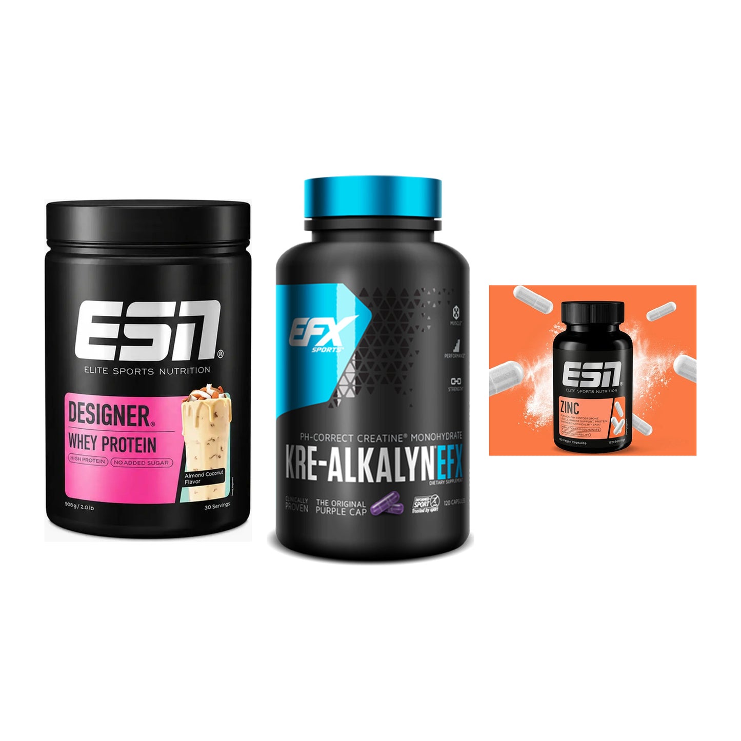 Einsteiger-Set: ESN Designer Whey + EFX Kre-Alkalyn + ESN Zinc – alle enthaltenen Artikel