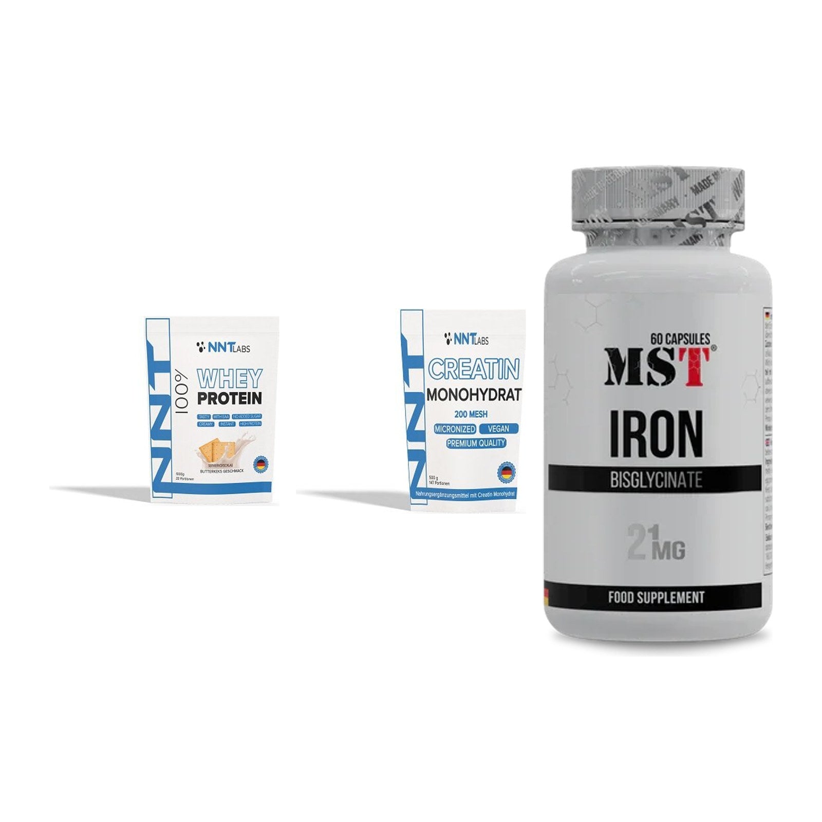 Einsteiger-Set: NNT Whey + NNT Creatin + MST Iron Bisglyc – alle enthaltenen Artikel