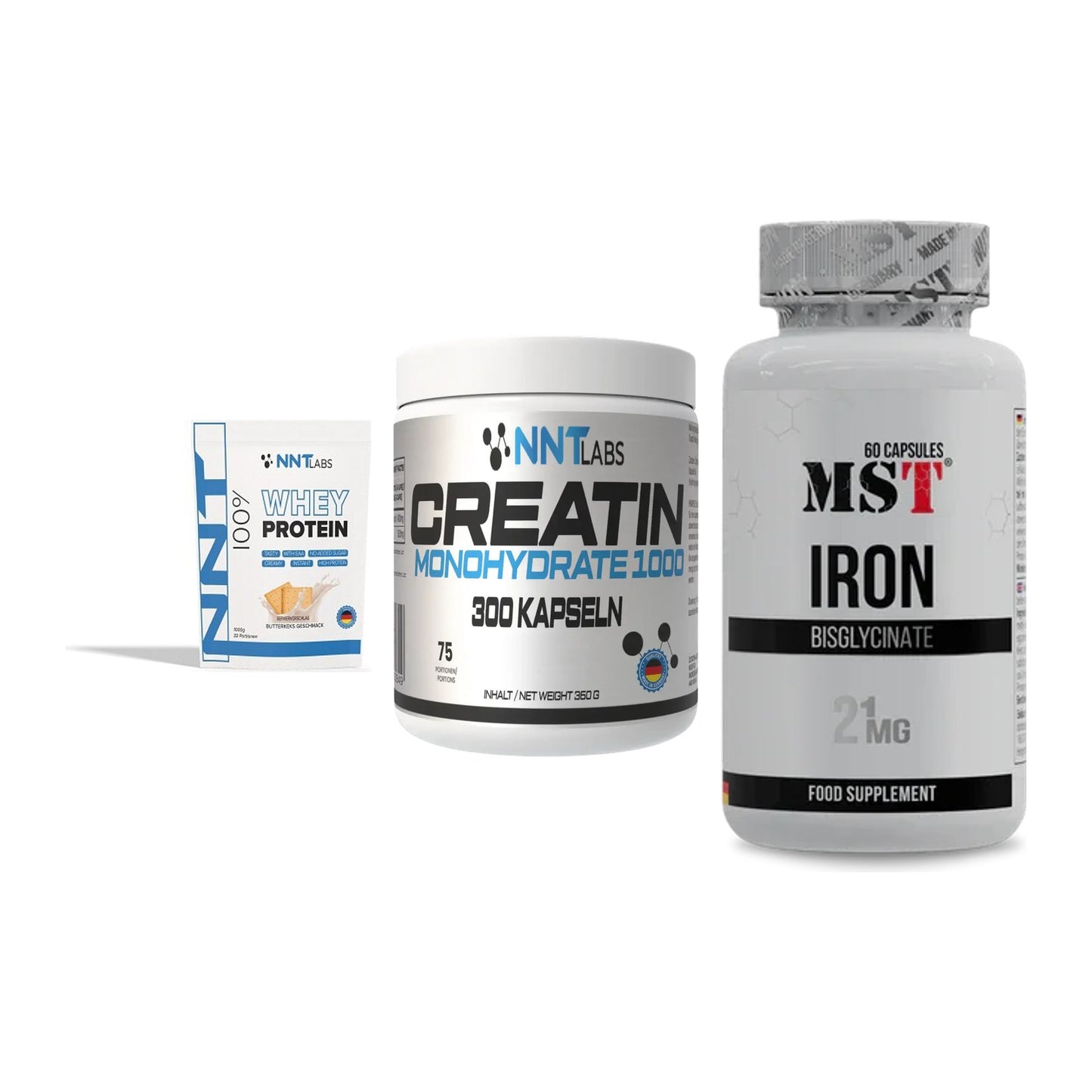 Einsteiger-Set: NNT Whey + NNT Creatin 1000 mg + MST Iron Bisglycinate – alle enthaltenen Artikel
