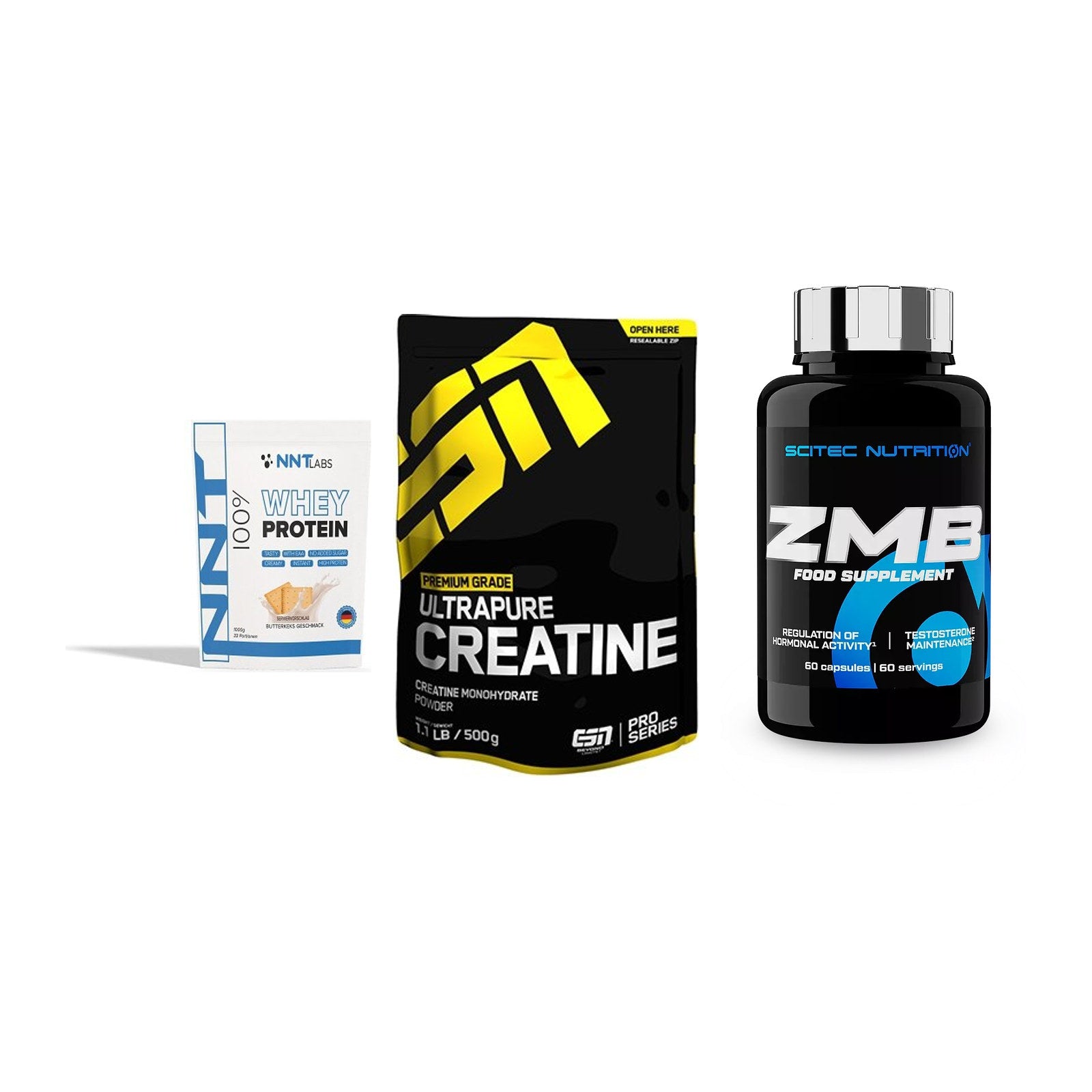 Einsteiger-Set: NNT Whey + ESN Ultrapure + Scitec ZMB – alle enthaltenen Artikel