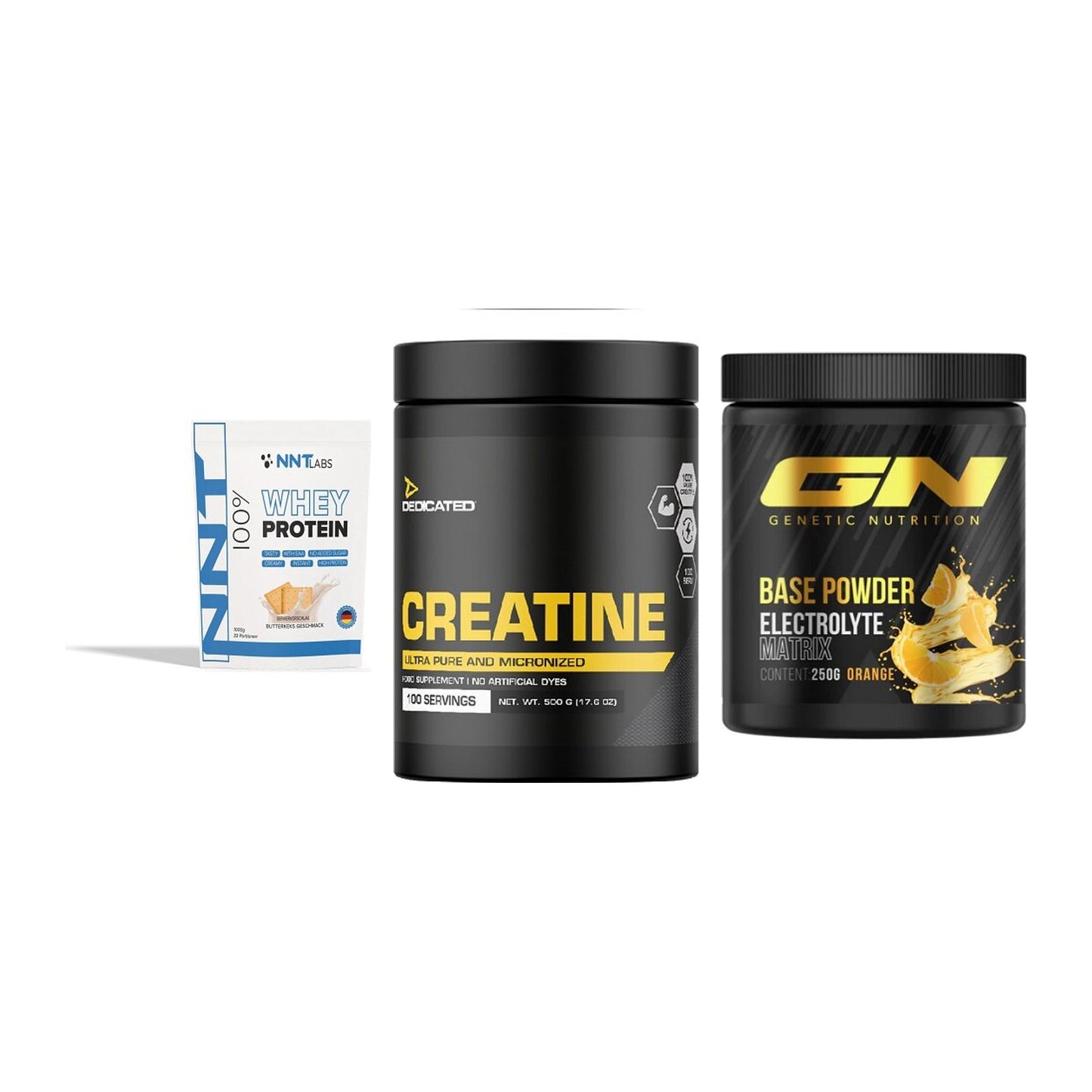 Einsteiger-Set: NNT Whey + Dedicated Creatine + GN Base Powder – alle enthaltenen Artikel