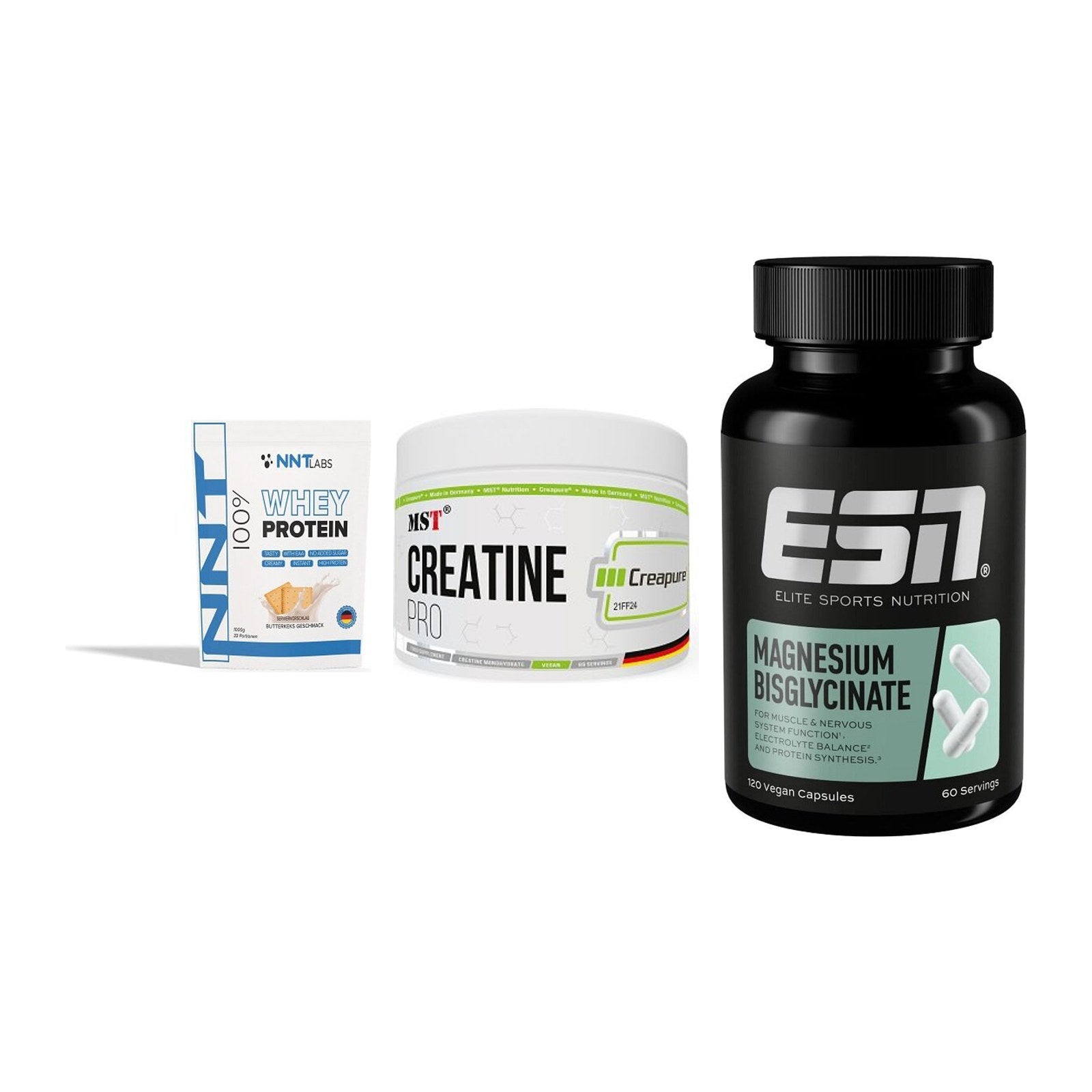 Einsteiger-Set: NNT Whey + MST Creatin Pro + ESN Magnesium – alle enthaltenen Artikel