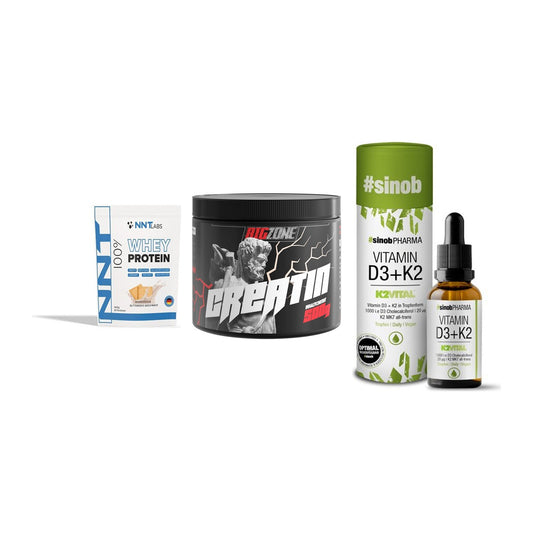 Einsteiger-Set: NNT Whey + Big Zone Creatin + Sinob Vitamin D3 – alle enthaltenen Artikel