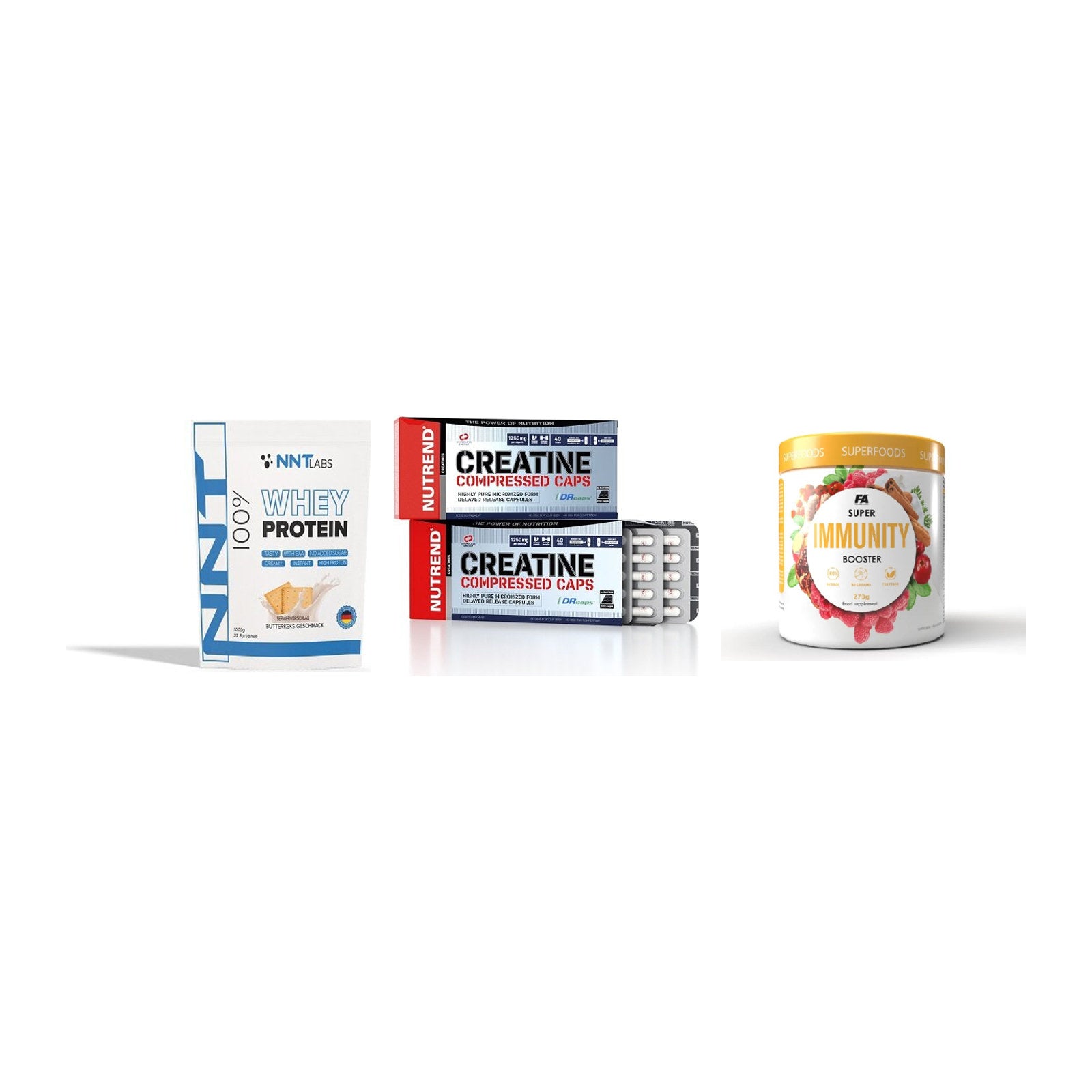 Einsteiger-Set: NNT Whey + Nutrend Creatine + FA Nutrition – alle enthaltenen Artikel