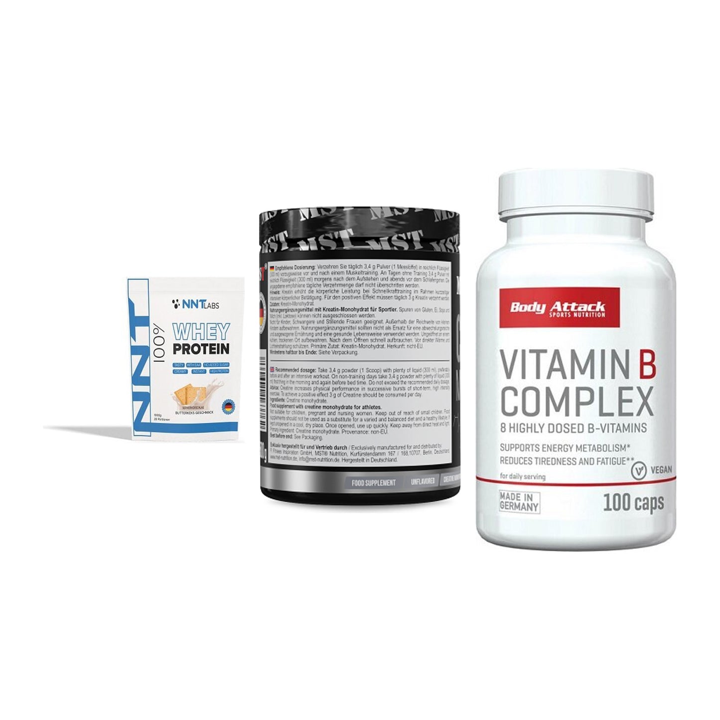 Einsteiger-Set: NNT Whey + MST Creatin + Body Attack – alle enthaltenen Artikel