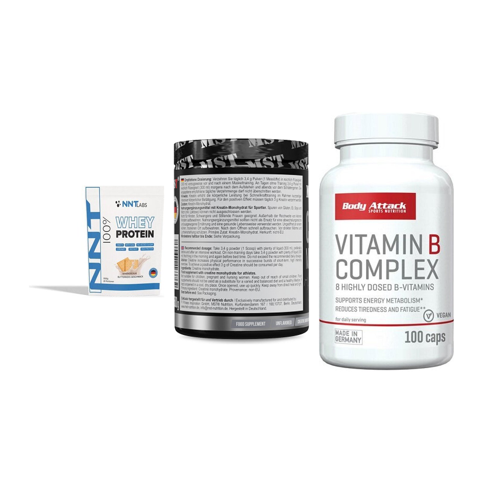 Einsteiger-Set: NNT Whey + MST Creatin + Body Attack – alle enthaltenen Artikel