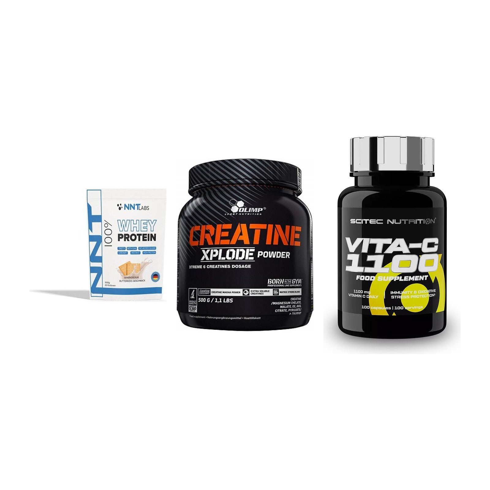 Einsteiger-Set: NNT Whey + Olimp Creatine + Scitec Vitamin C – alle enthaltenen Artikel