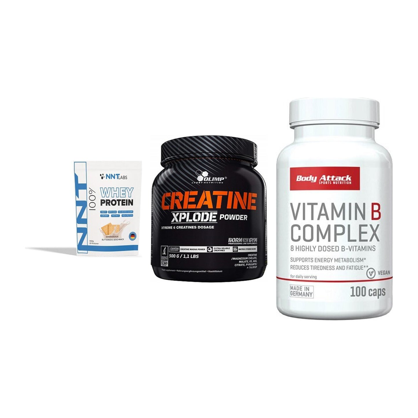 Einsteiger-Set: NNT Whey + Olimp Creatine + Body Attack – alle enthaltenen Artikel