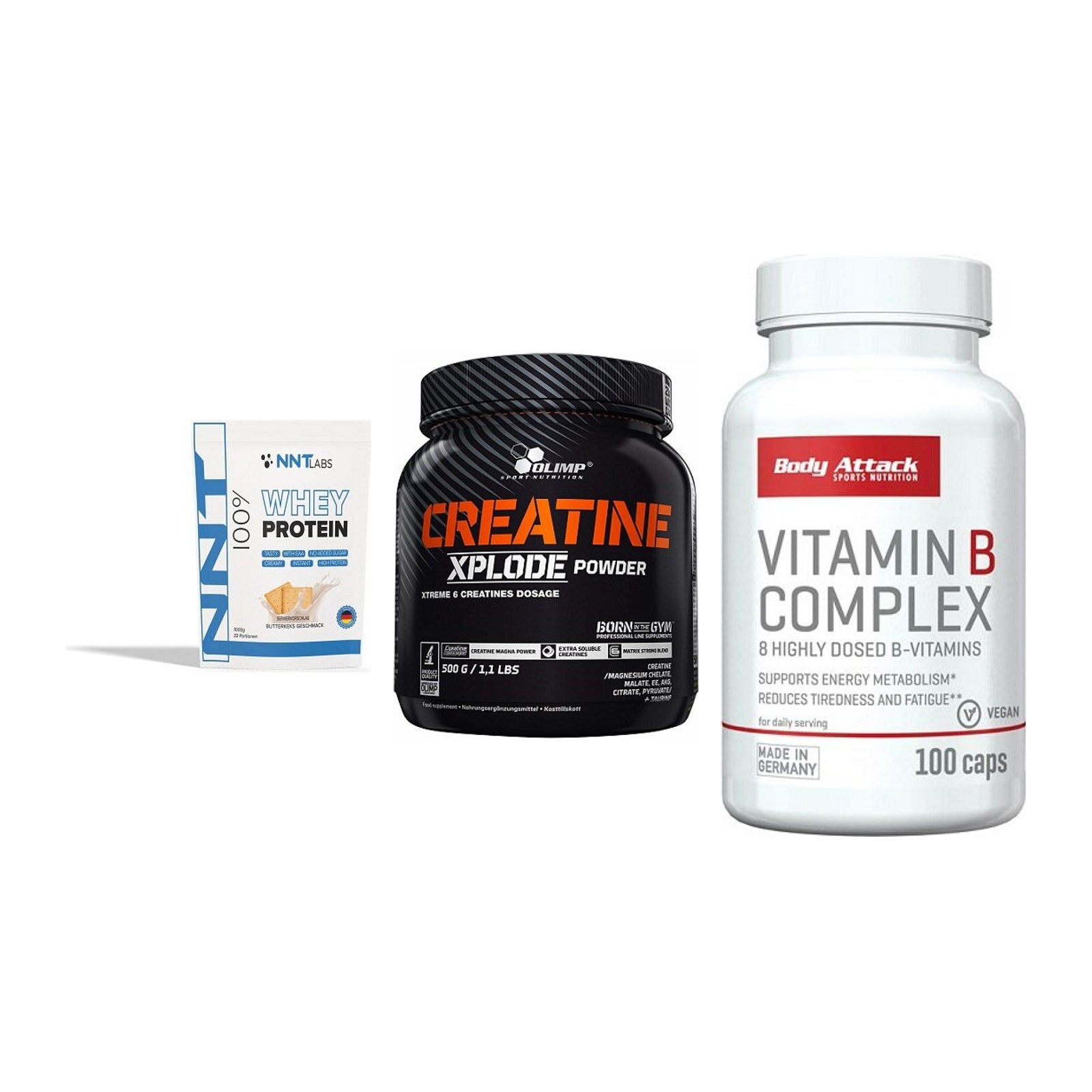 Einsteiger-Set: NNT Whey + Olimp Creatine + Body Attack – alle enthaltenen Artikel