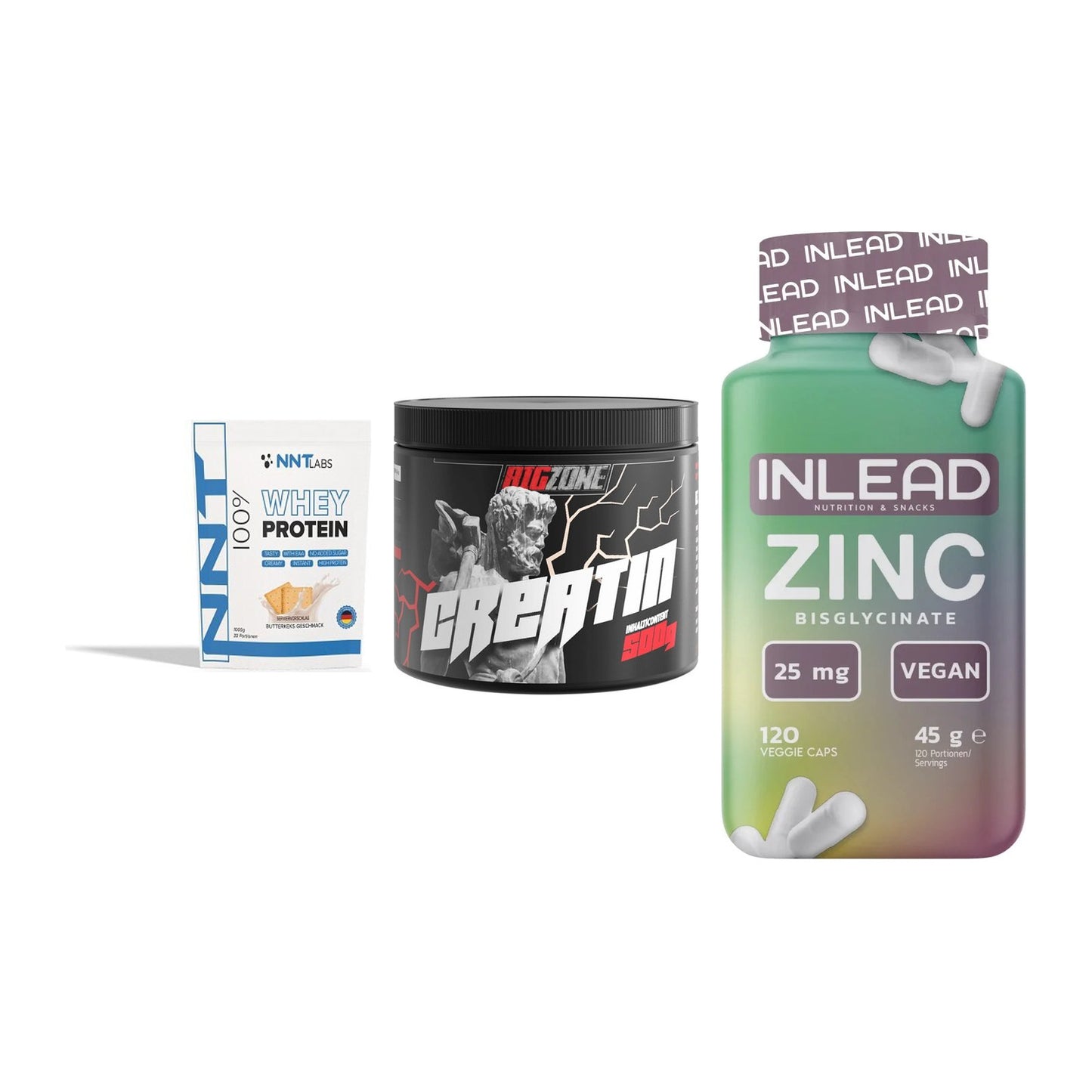Einsteiger-Set: NNT Whey + Big Zone Creatin + INLEAD Zink Bisglycinate – alle enthaltenen Artikel
