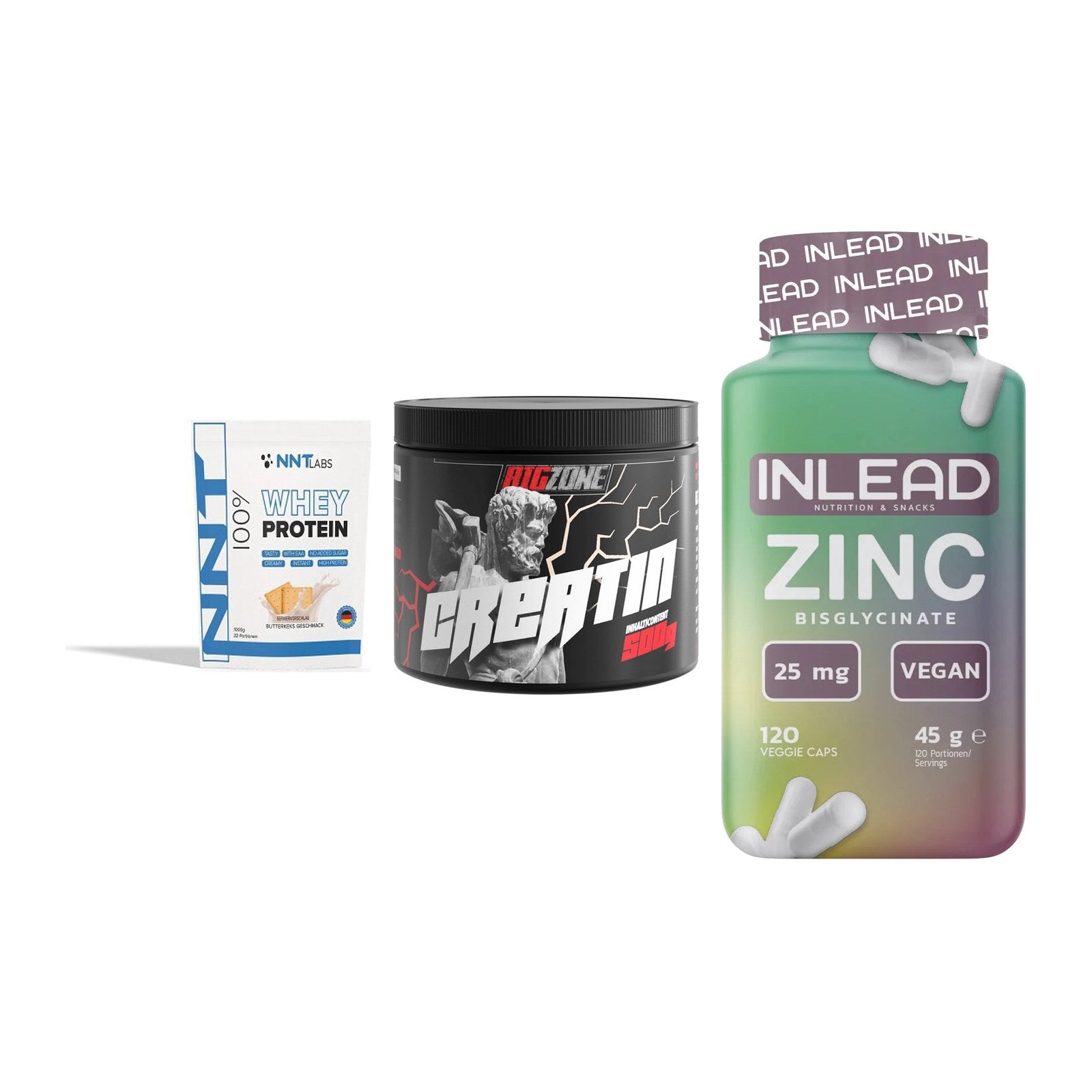 Einsteiger-Set: NNT Whey + Big Zone Creatin + INLEAD Zink Bisglycinate – alle enthaltenen Artikel