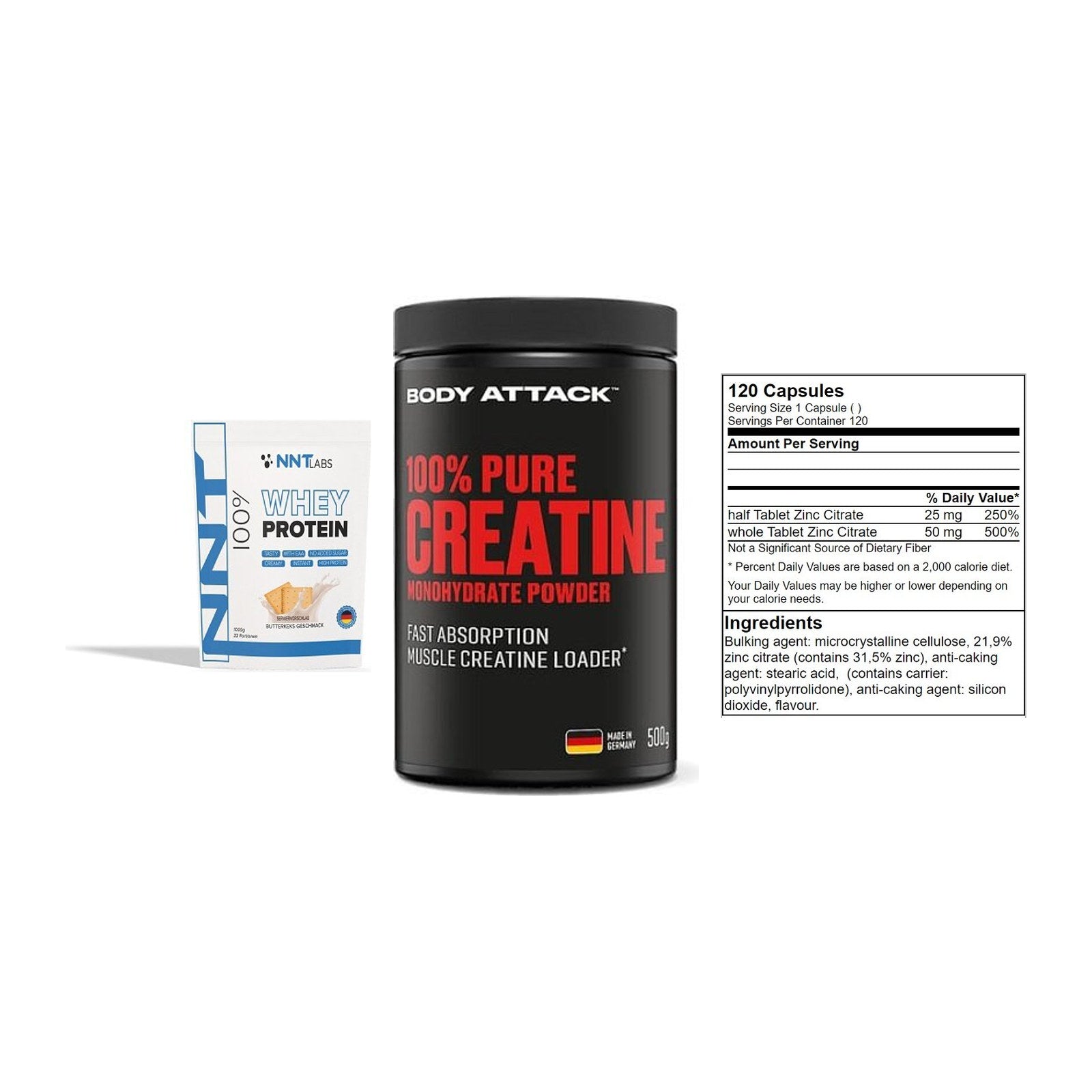 Einsteiger-Set: NNT Whey + Body Attack 100% + GN Zinc Citrate – alle enthaltenen Artikel