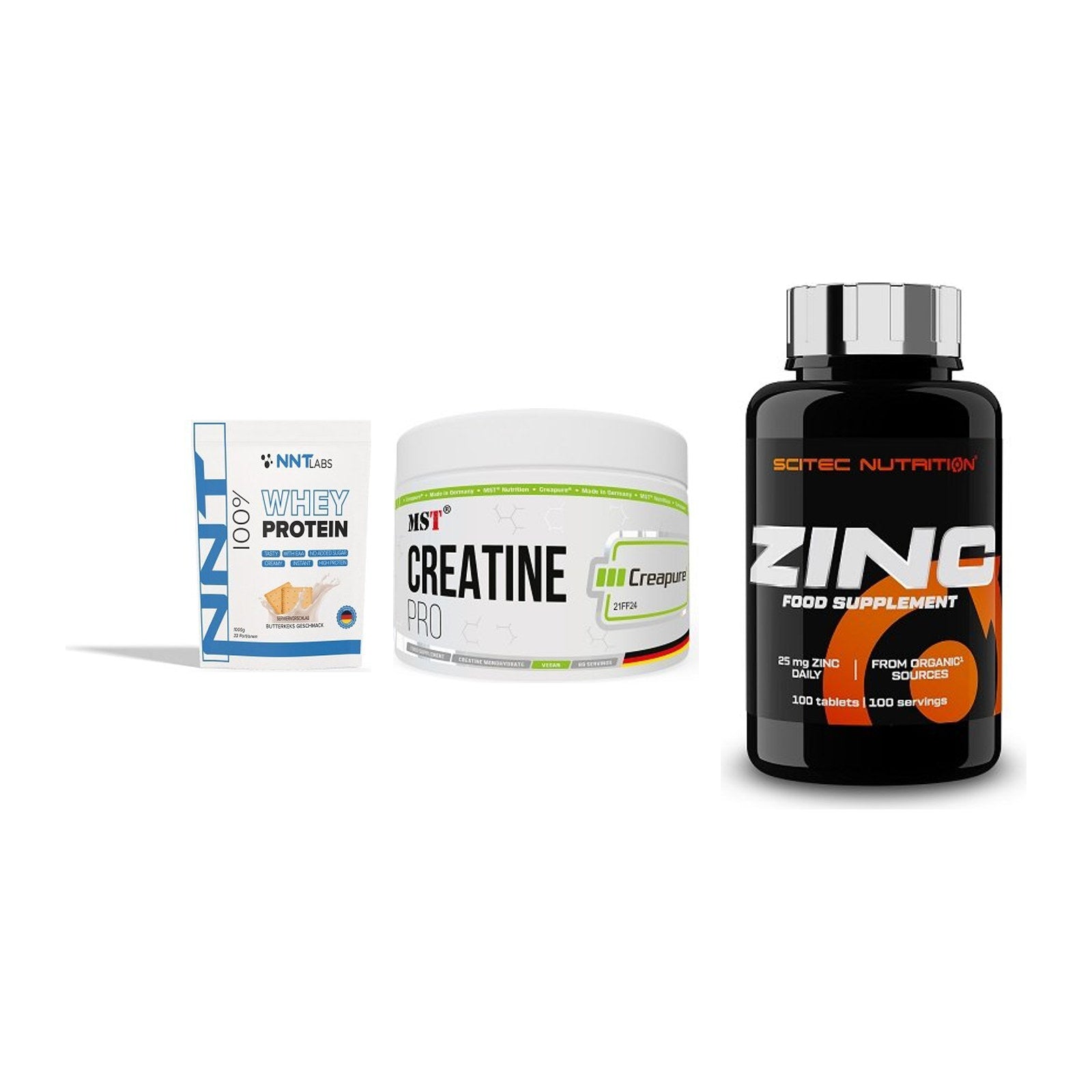 Einsteiger-Set: NNT Whey + MST Creatin Pro CREAPURE + Scitec Zinc – alle enthaltenen Artikel