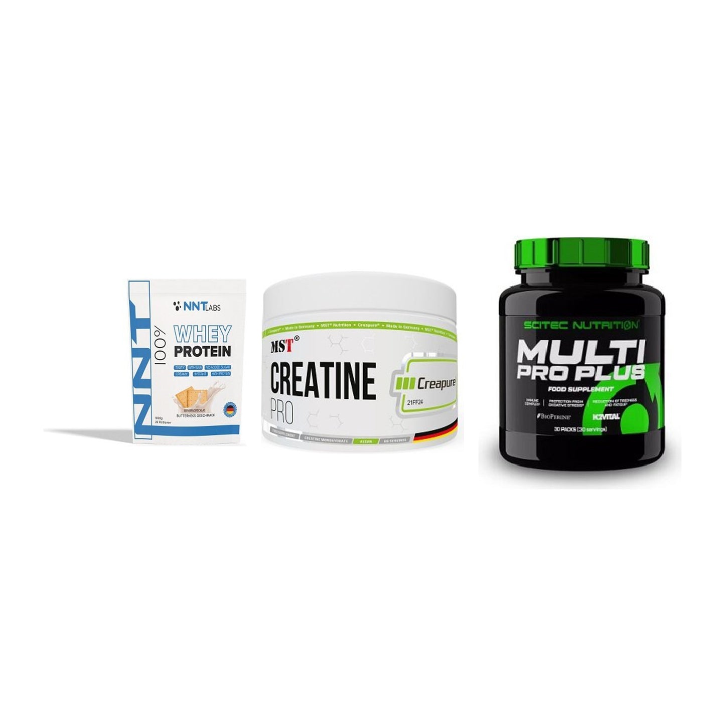 Einsteiger-Set: NNT Whey + MST Creatin Pro + Scitec Multi Pro – alle enthaltenen Artikel
