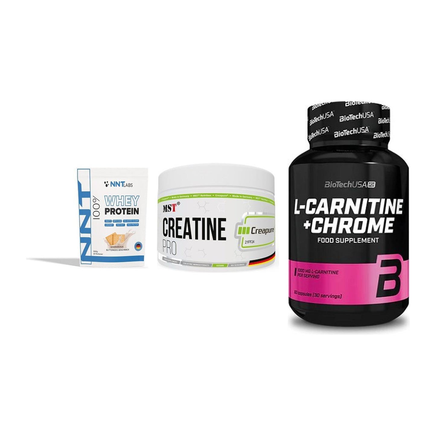 Einsteiger-Set: NNT Whey + MST Creatin Pro + BioTech L-Carnit – alle enthaltenen Artikel