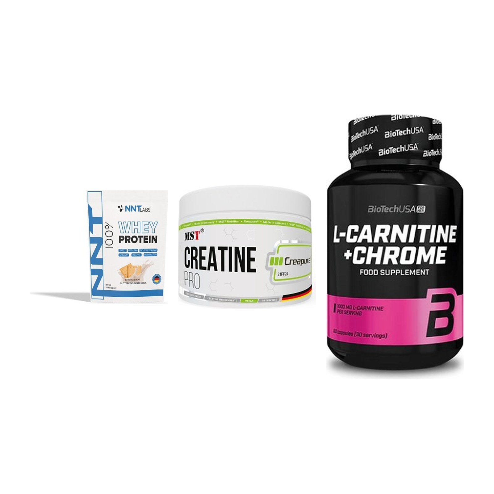 Einsteiger-Set: NNT Whey + MST Creatin Pro + BioTech L-Carnit – alle enthaltenen Artikel