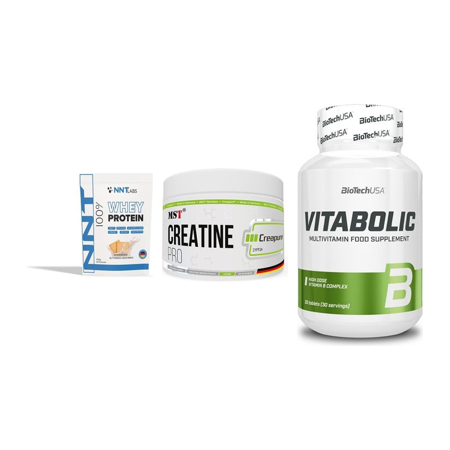 Einsteiger-Set: NNT Whey + MST Creatin Pro + BioTech Vitaboli – alle enthaltenen Artikel