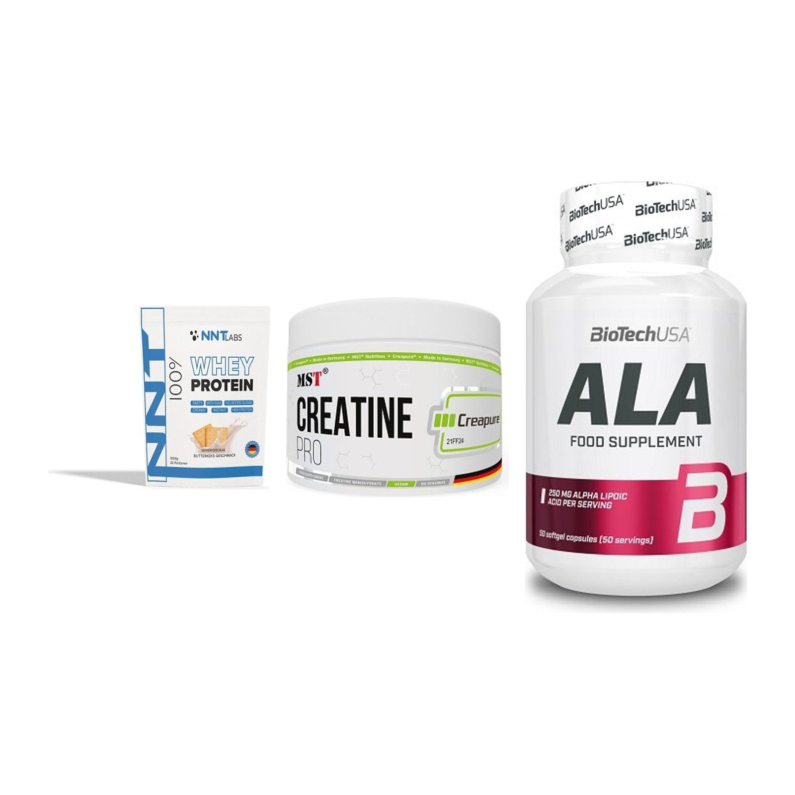 Einsteiger-Set: NNT Whey + MST Creatin Pro + BioTech ALA – alle enthaltenen Artikel