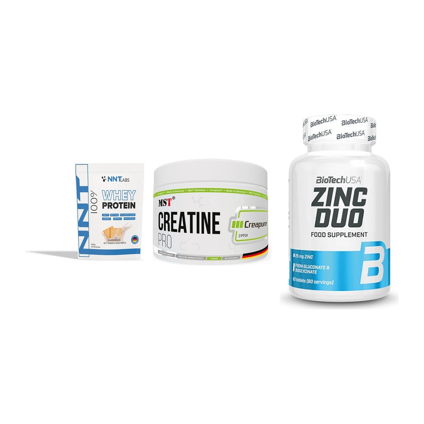 Einsteiger-Set: NNT Whey + MST Creatin Pro CREAPURE + BioTech Zinc Duo – alle enthaltenen Artikel