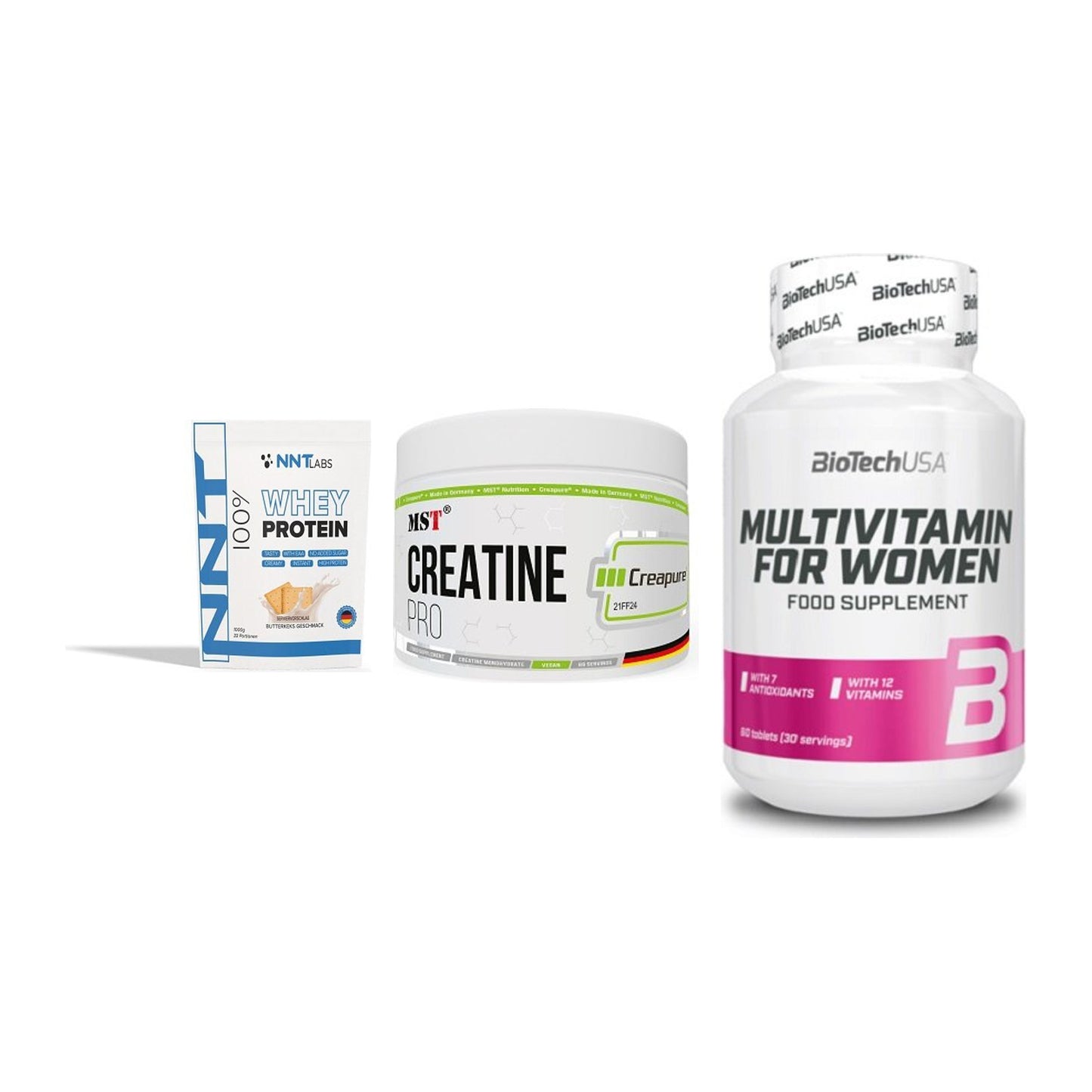Einsteiger-Set: NNT Whey + MST Creatin Pro + BioTech Multivit – alle enthaltenen Artikel