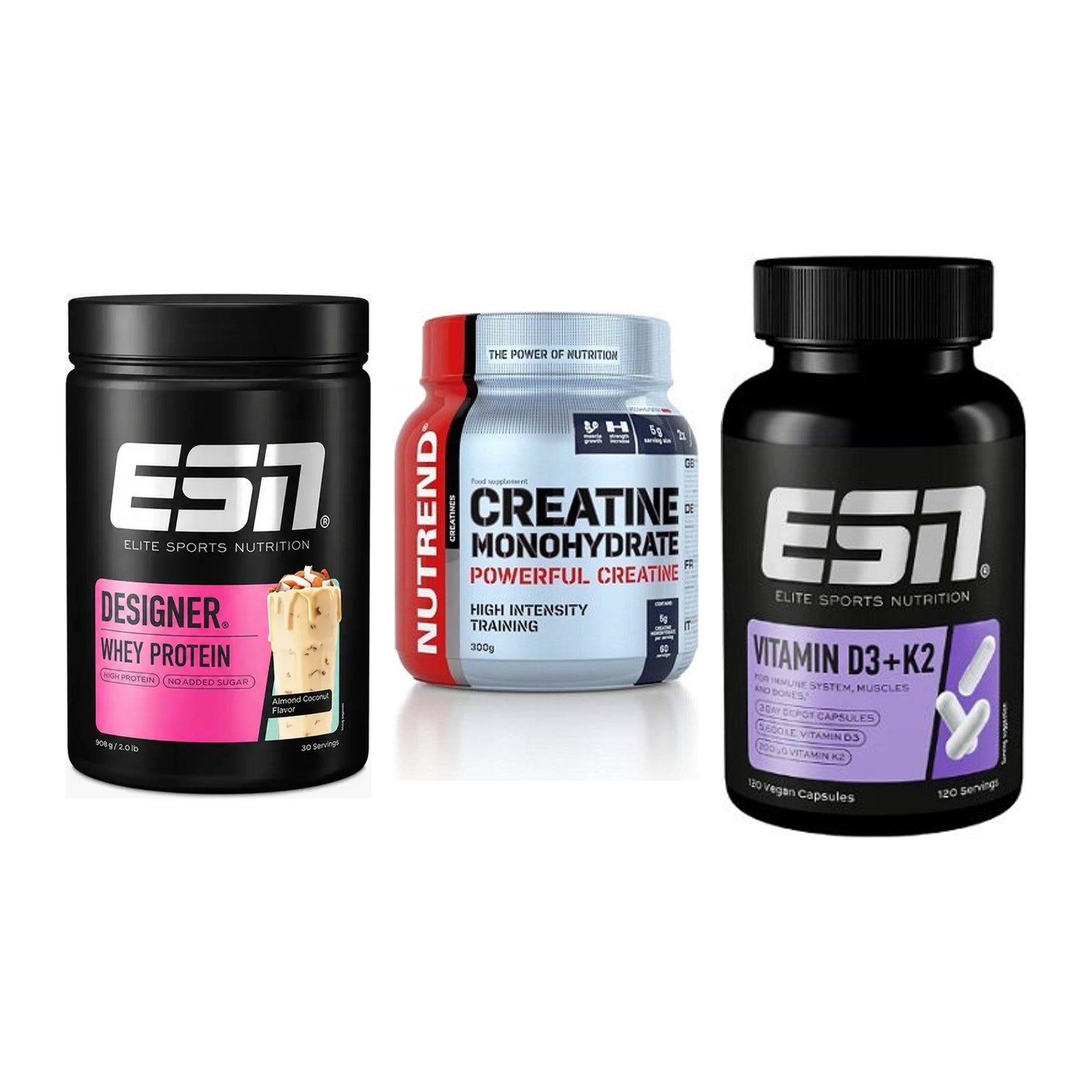 Einsteiger-Set: ESN Designer + Nutrend Creatine + ESN Vitamin D3 – alle enthaltenen Artikel