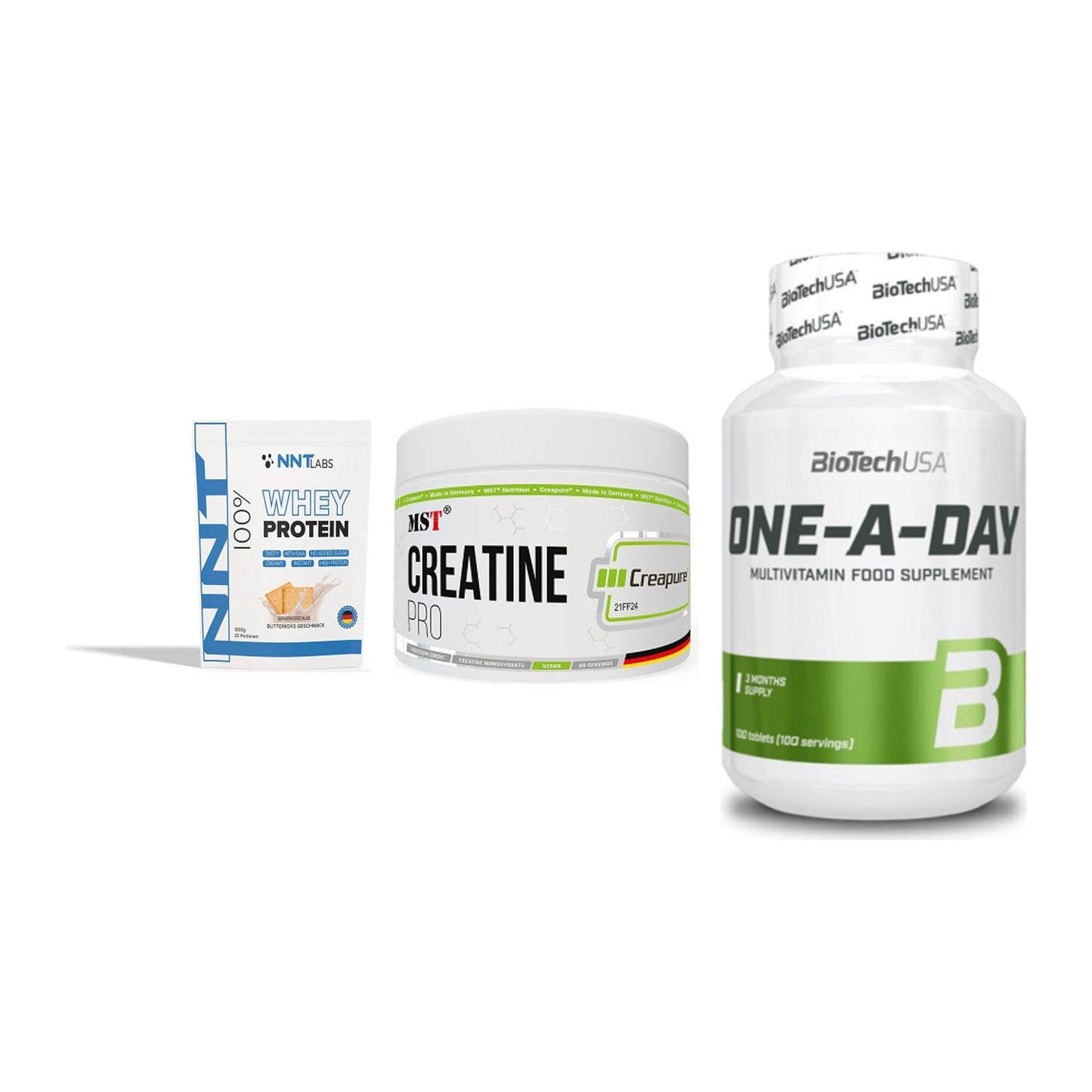 Einsteiger-Set: NNT Whey + MST Creatin Pro + BioTech One A – alle enthaltenen Artikel