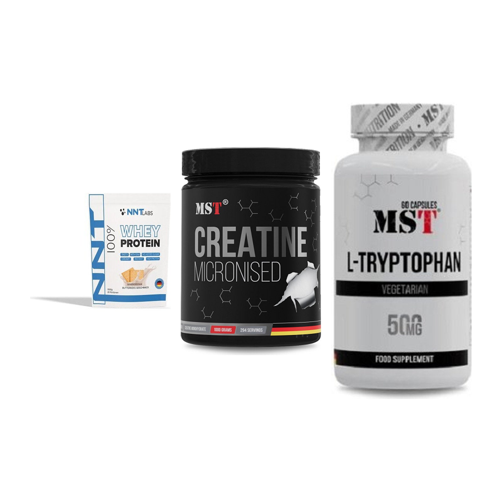 Einsteiger-Set: NNT Whey + MST Creatin + MST Tryptophan – alle enthaltenen Artikel