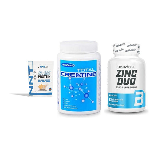 Einsteiger-Set: NNT Whey + Megabol Total Creatine + BioTech Zinc Duo – alle enthaltenen Artikel