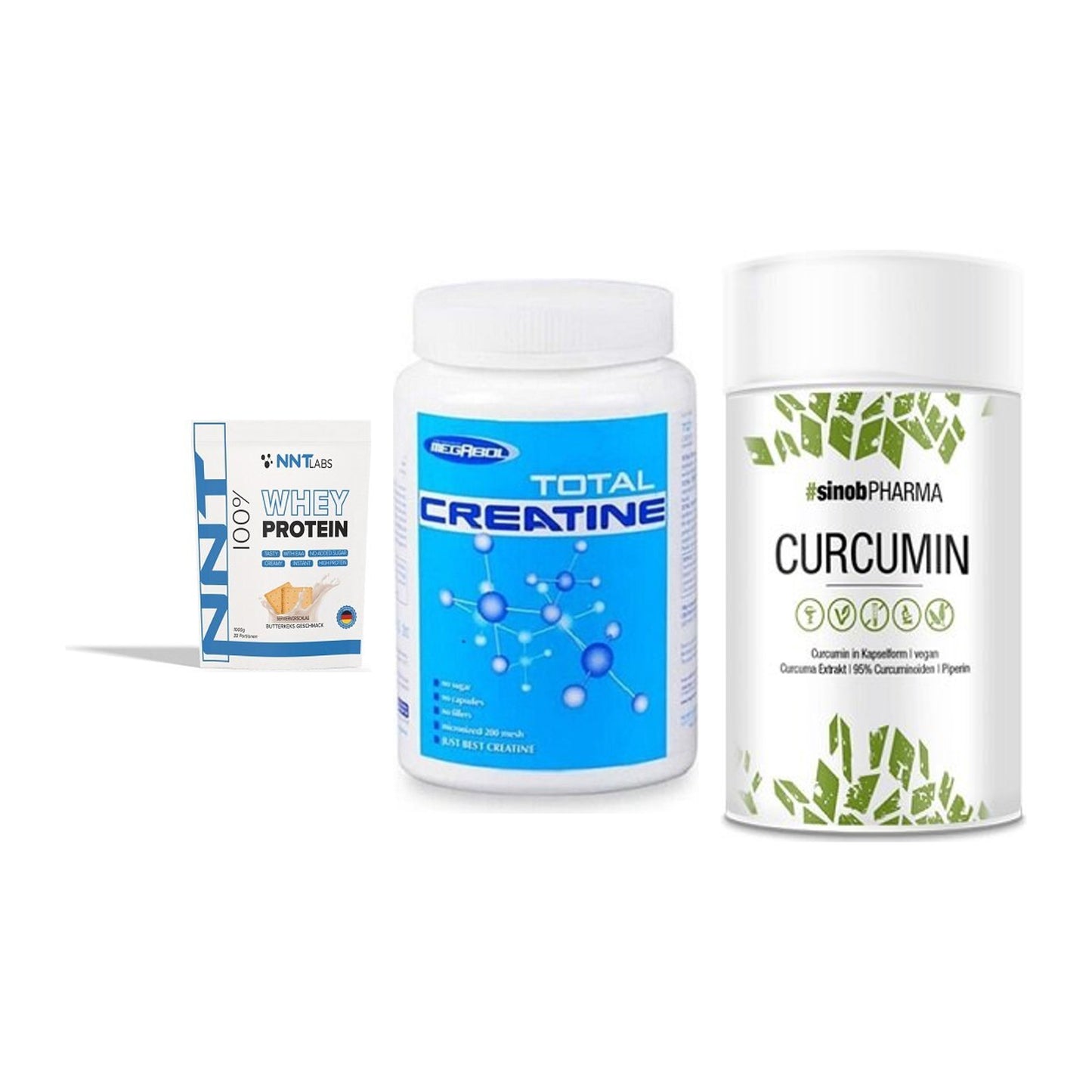 Einsteiger-Set: NNT Whey + Megabol Total Creatine + Sinob Curcumin 95% – alle enthaltenen Artikel