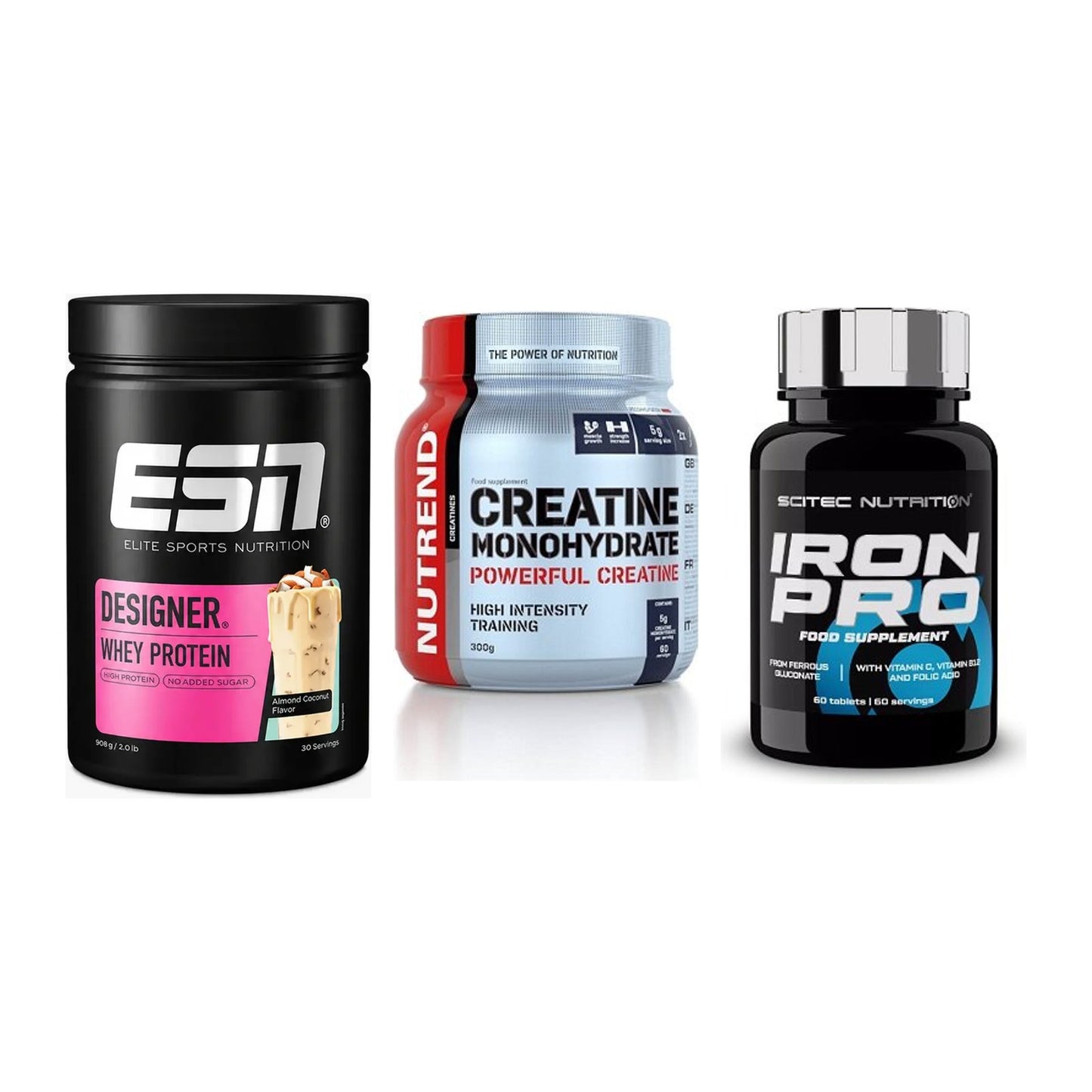 Einsteiger-Set: ESN Designer + Nutrend Creatine + Scitec Iron Pro – alle enthaltenen Artikel
