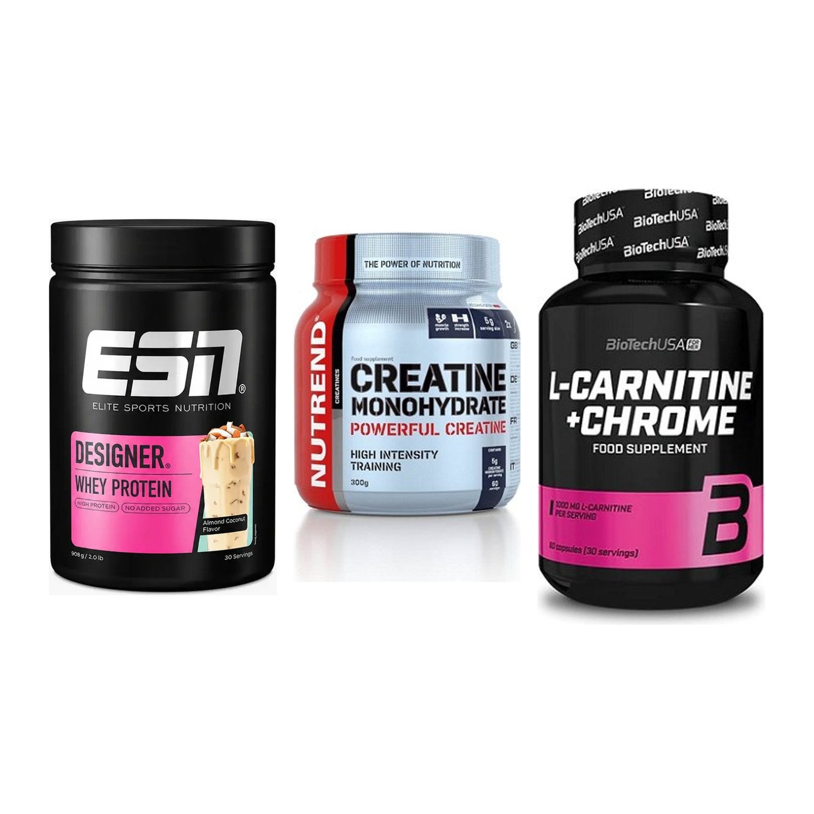 Einsteiger-Set: ESN Designer + Nutrend Creatine + BioTech L-Carnit – alle enthaltenen Artikel