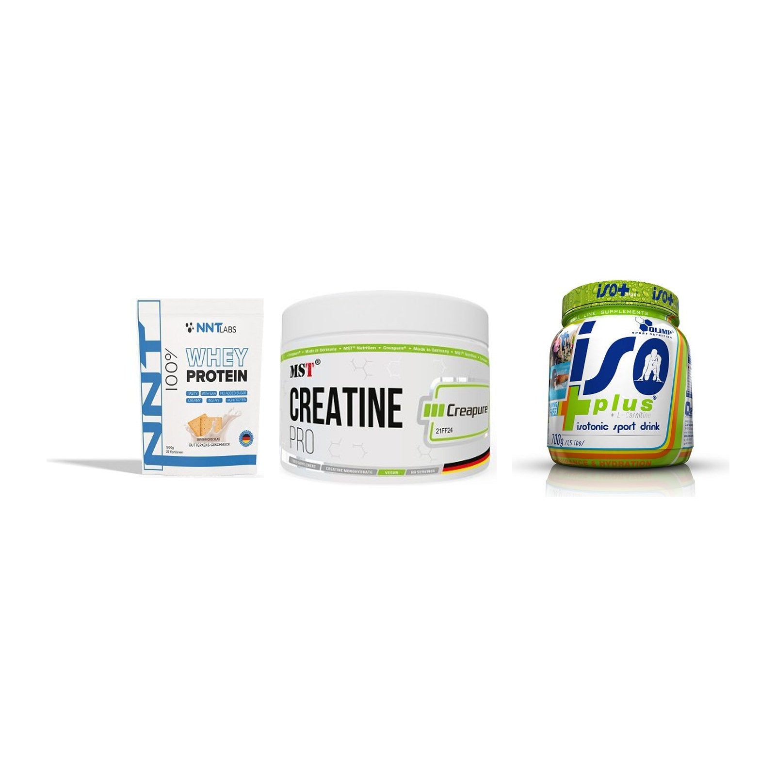 Einsteiger-Set: NNT Whey + MST Creatin Pro CREAPURE + Olimp Iso Plus – alle enthaltenen Artikel