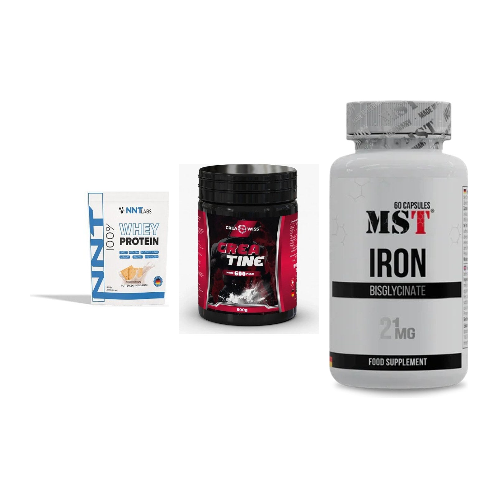 Einsteiger-Set: NNT Whey + CREASWISS + MST Iron Bisglyc – alle enthaltenen Artikel