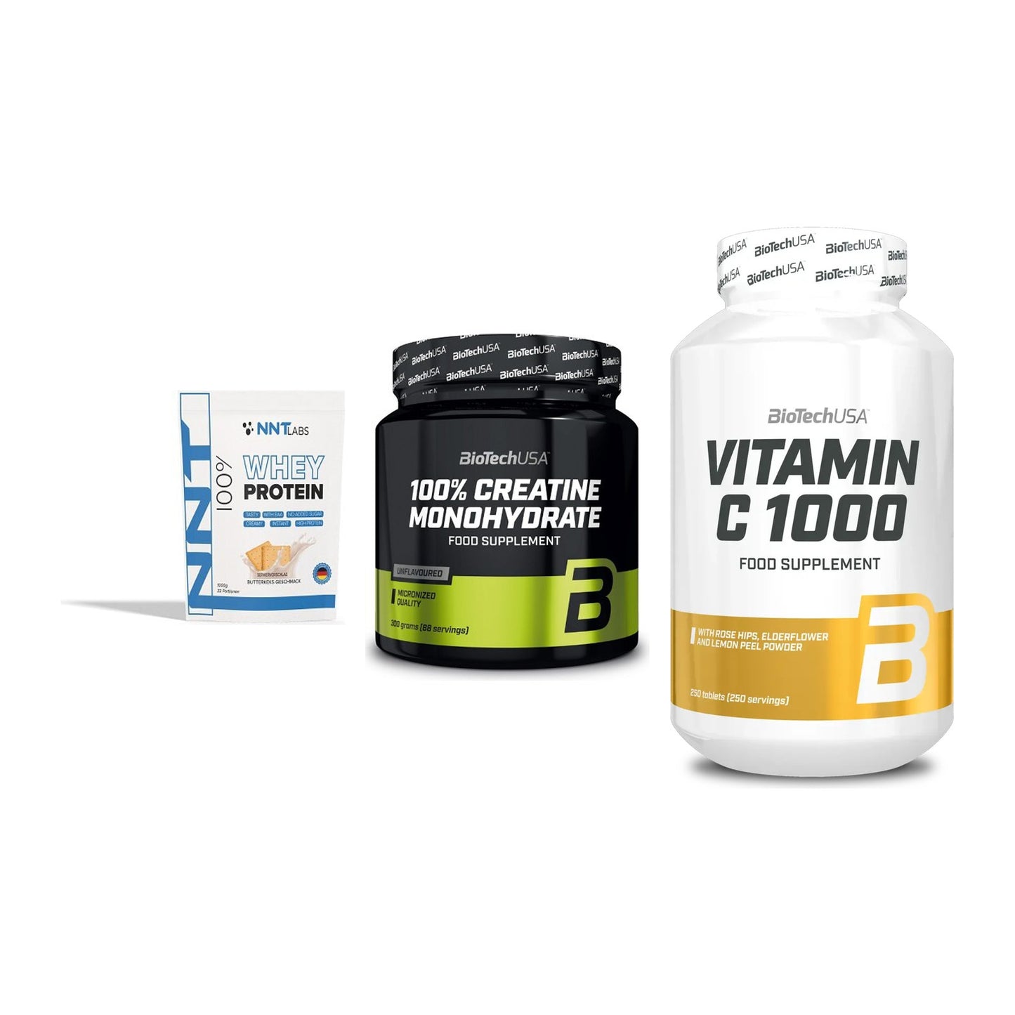 Einsteiger-Set: NNT Whey + BioTech Creatine + BioTech Vitamin – alle enthaltenen Artikel