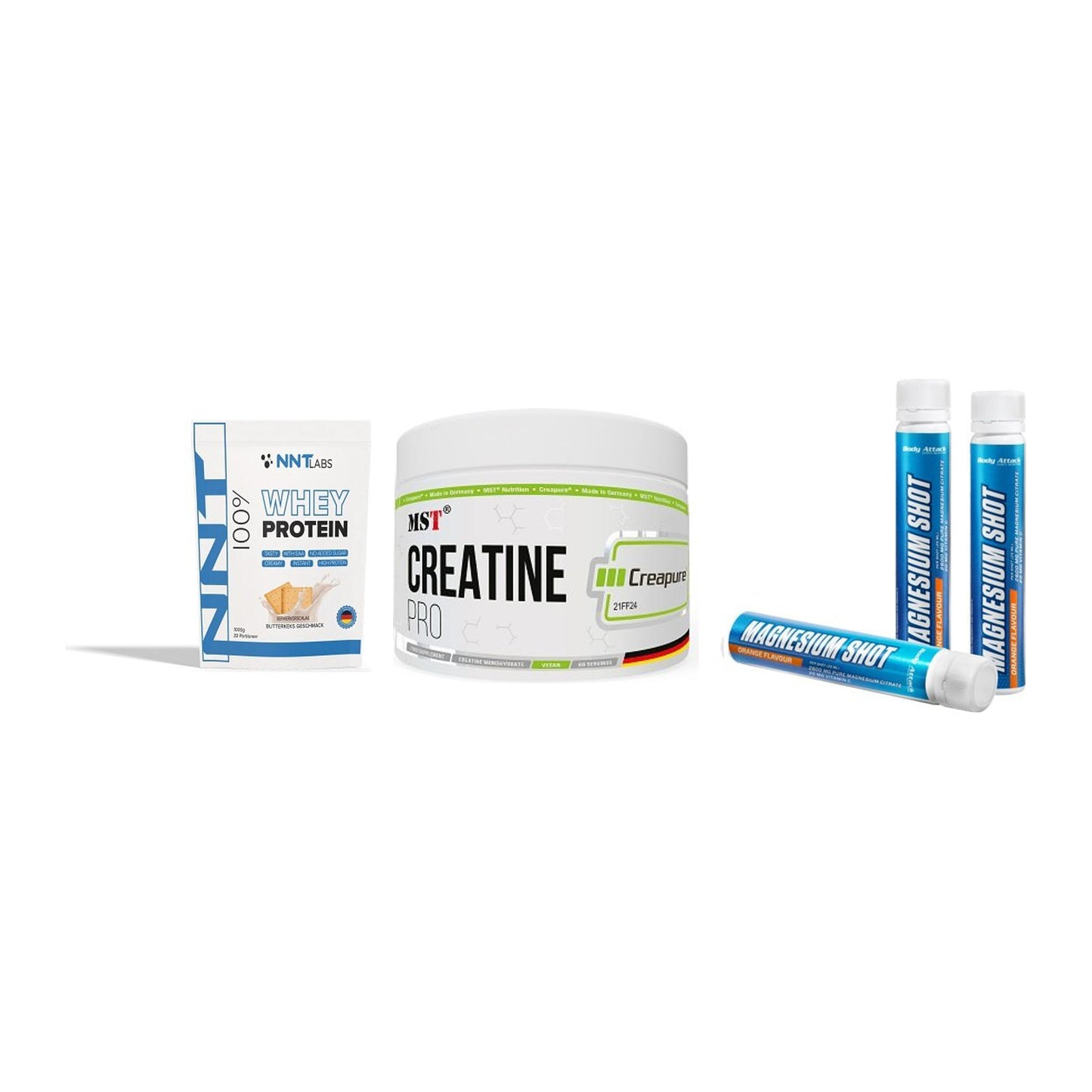 Einsteiger-Set: NNT Whey + MST Creatin Pro + Body Attack – alle enthaltenen Artikel
