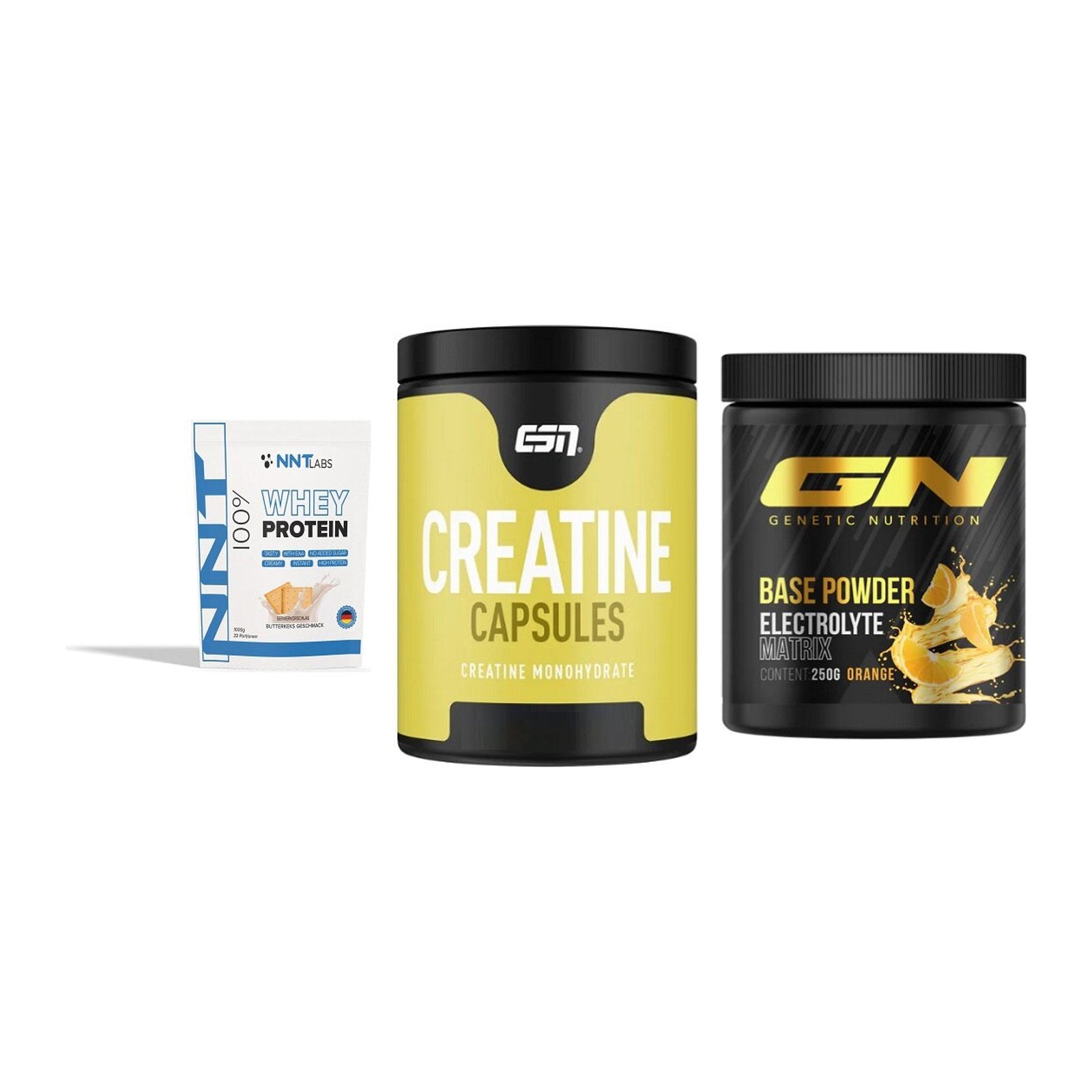 Einsteiger-Set: NNT Whey + ESN Ultrapure Creatine + GN Base Powder – alle enthaltenen Artikel