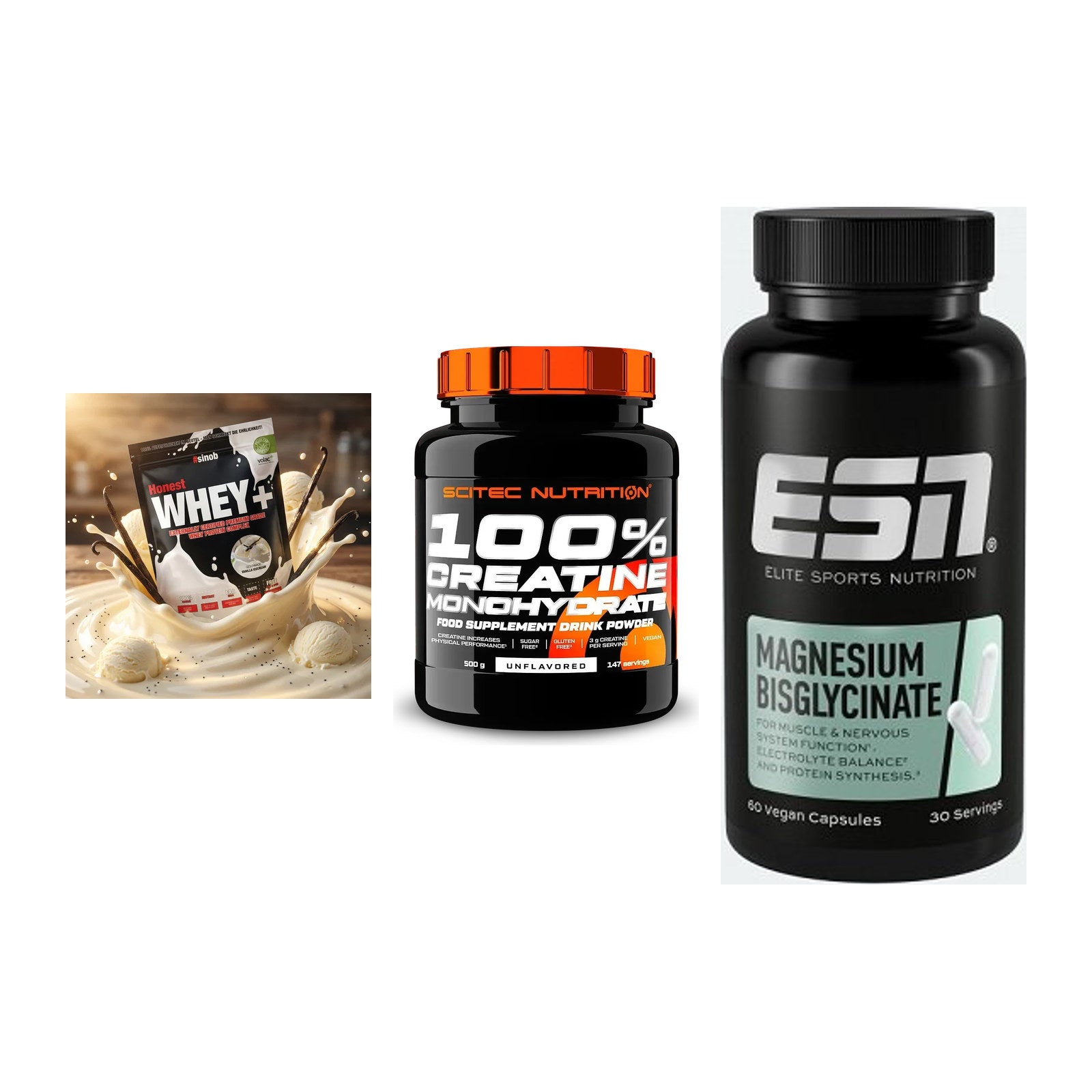 Einsteiger-Set: Sinob Honest + Scitec Creatine + ESN Magnesium – alle enthaltenen Artikel