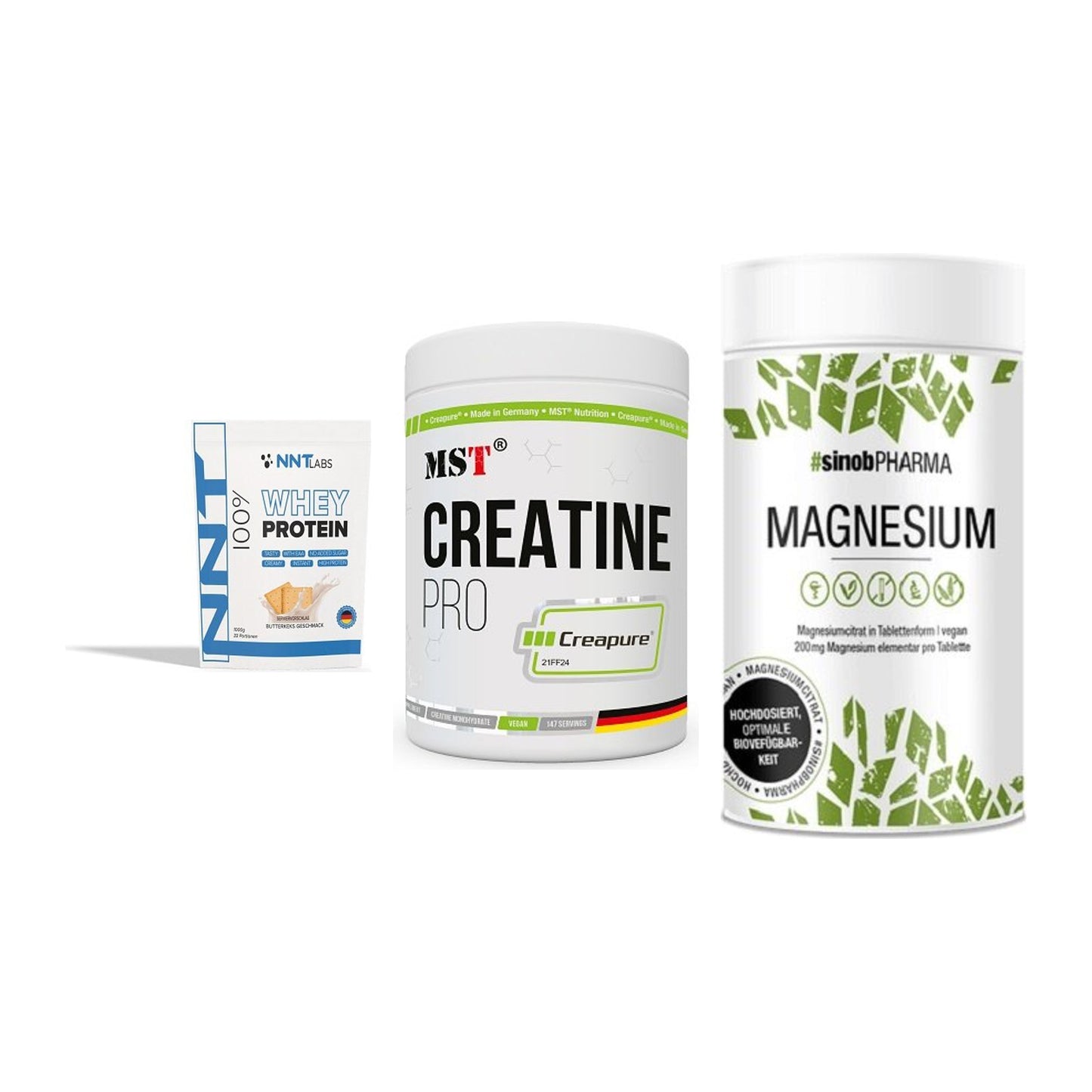 Einsteiger-Set: NNT Whey + MST Creatin Pro + Sinob Magnesium – alle enthaltenen Artikel
