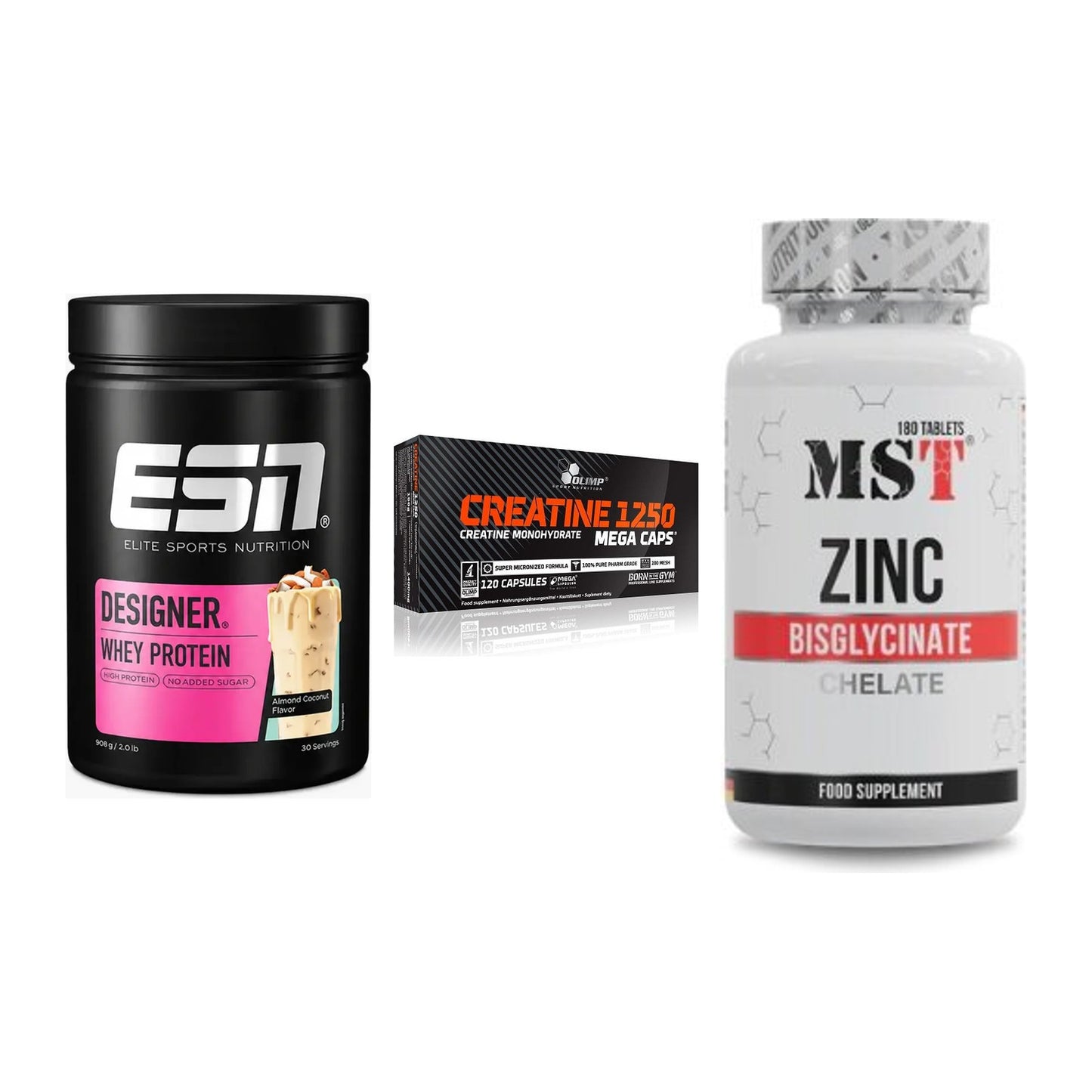 Einsteiger-Set: ESN Designer + Olimp Creatine + MST Zinc Chelate – alle enthaltenen Artikel