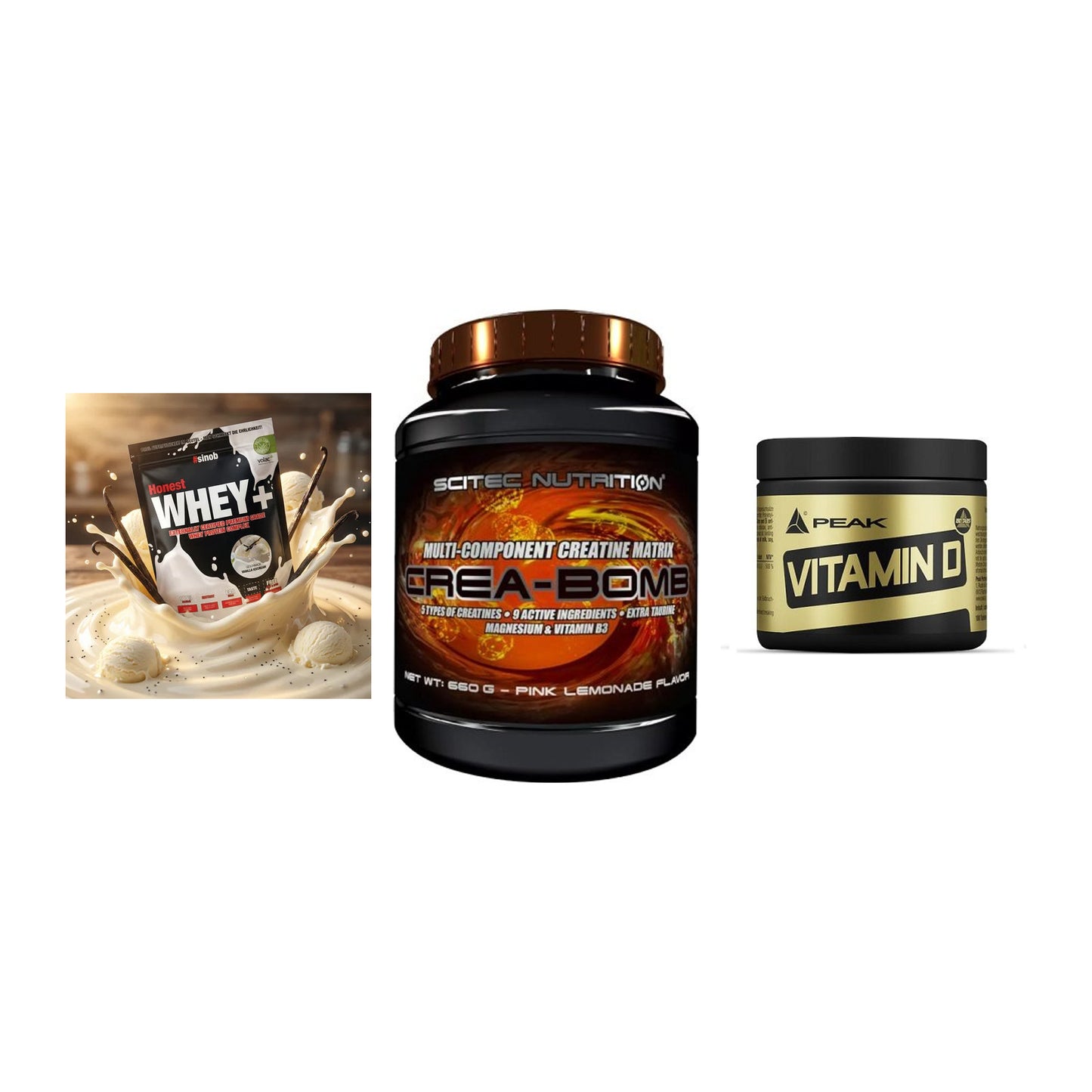 Einsteiger-Set: Sinob Honest + Scitec Crea-Bomb + Peak Vitamin D – alle enthaltenen Artikel