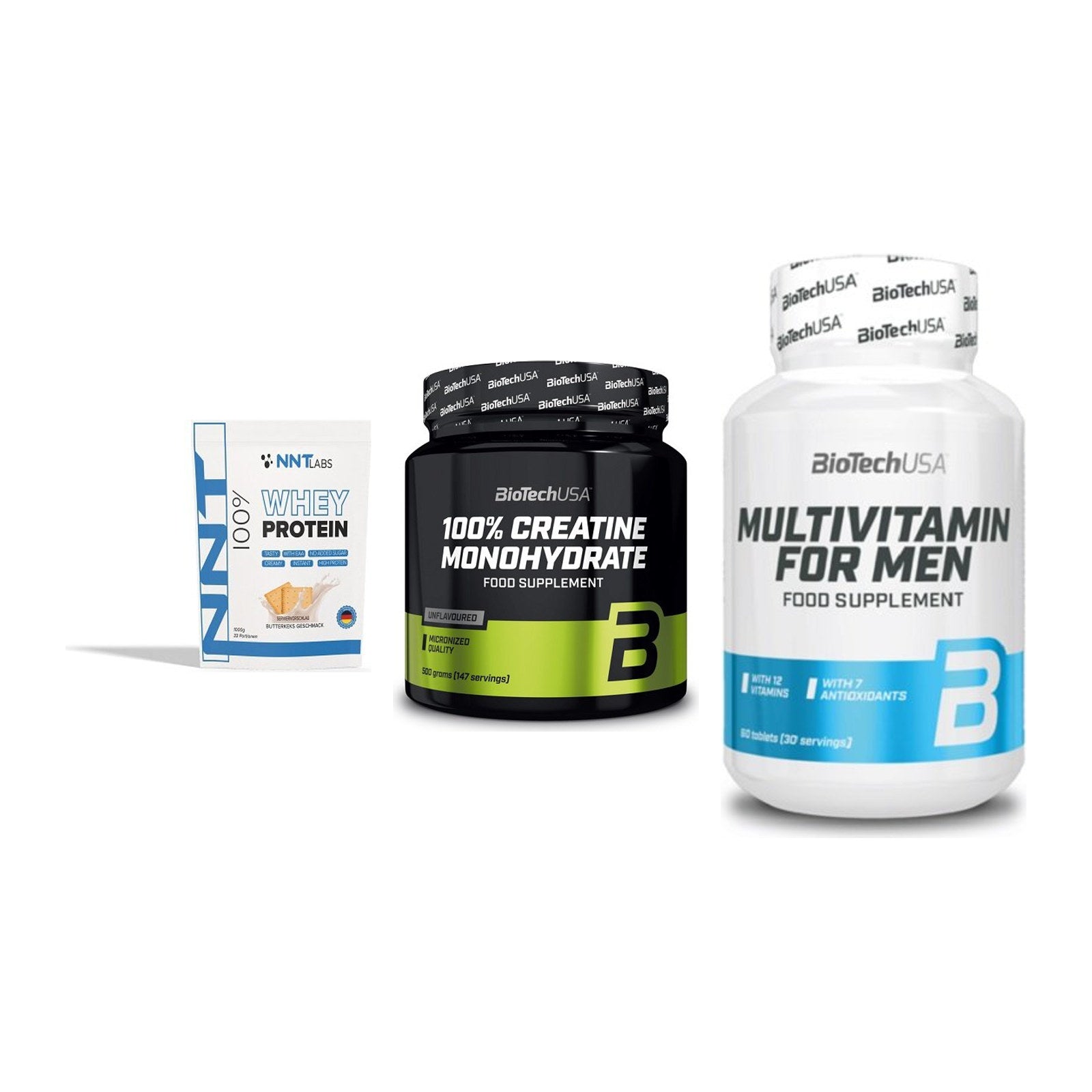 Einsteiger-Set: NNT Whey + BioTech Creatine + BioTech Multivit – alle enthaltenen Artikel
