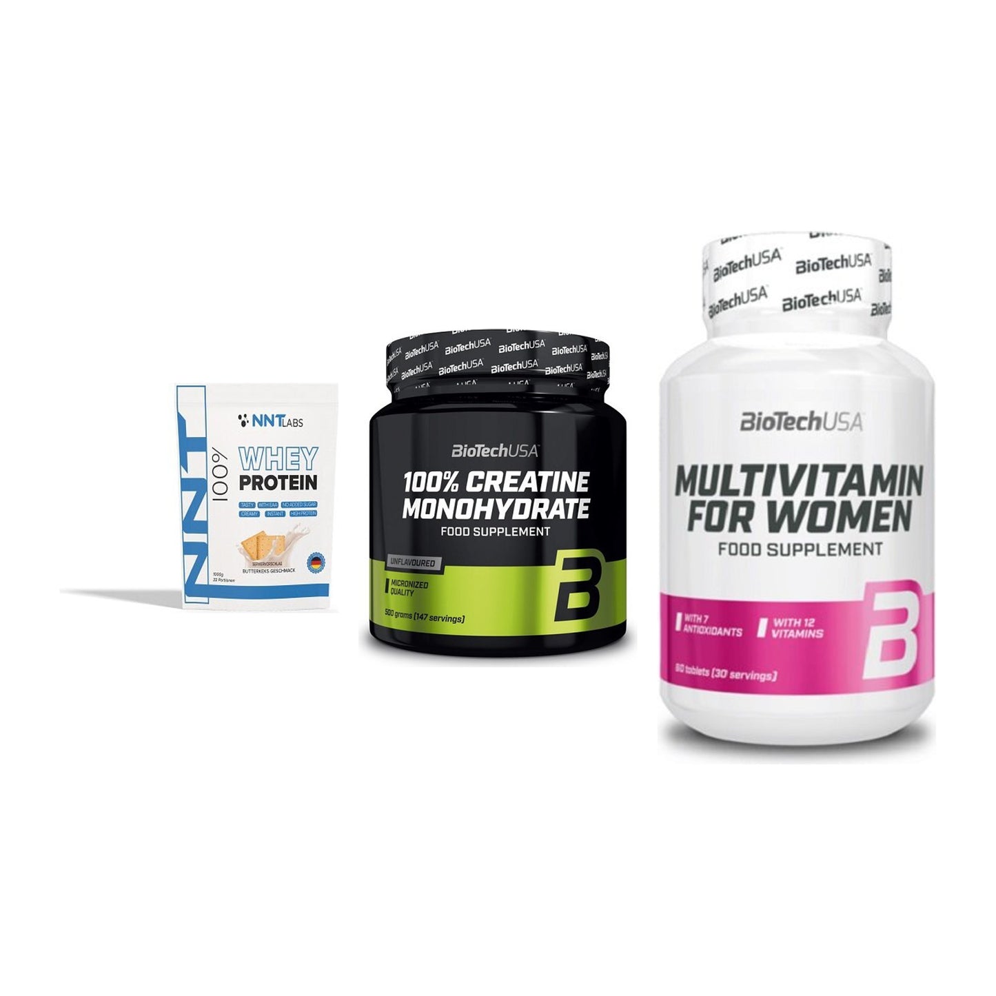 Einsteiger-Set: NNT Whey + BioTech Creatine + BioTech Multivit – alle enthaltenen Artikel