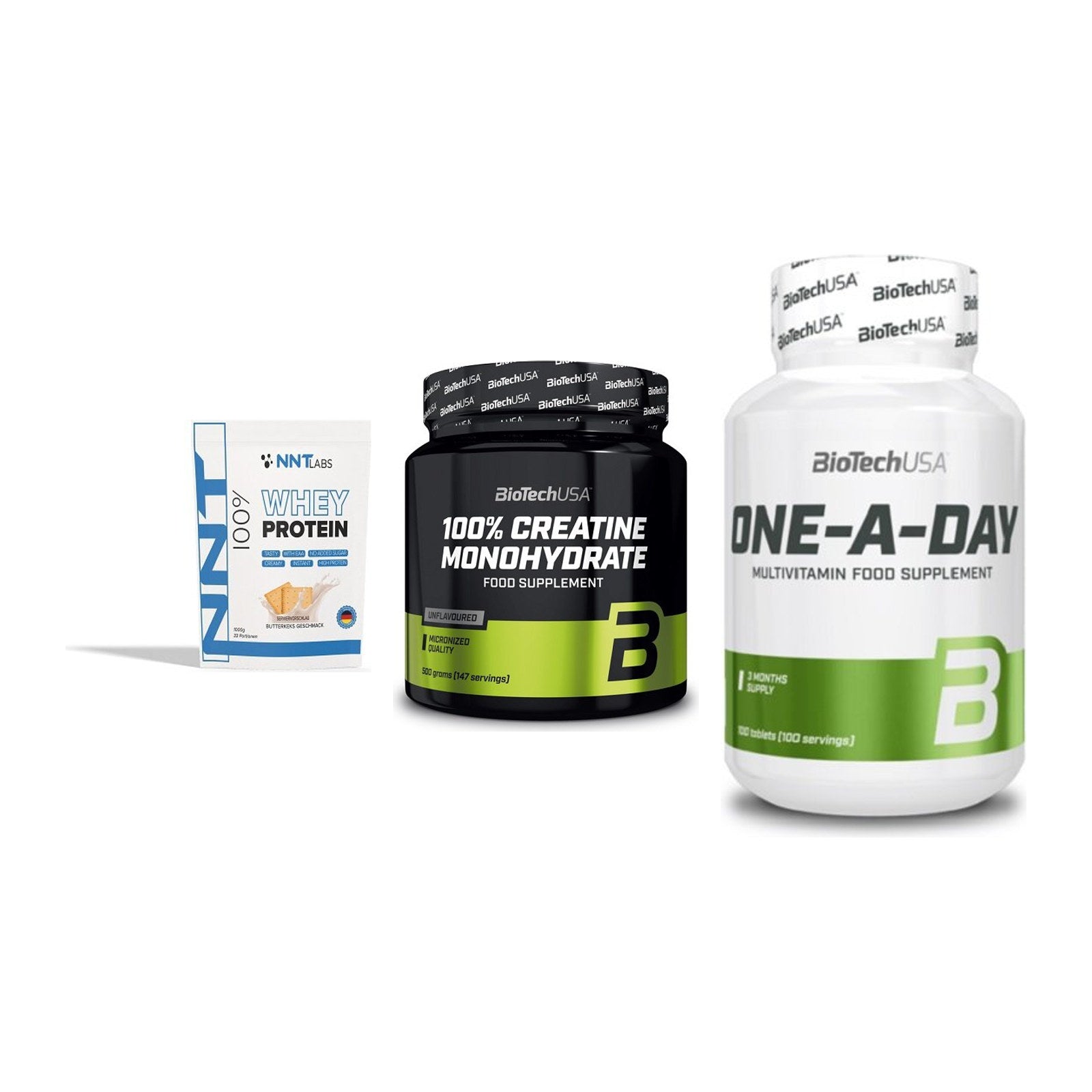 Einsteiger-Set: NNT Whey + BioTech Creatine + BioTech One A – alle enthaltenen Artikel