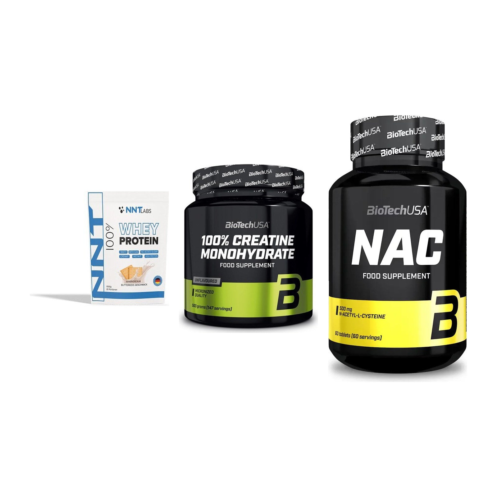 Einsteiger-Set: NNT Whey + BioTech Creatine Monohydrate + BioTech NAC – alle enthaltenen Artikel