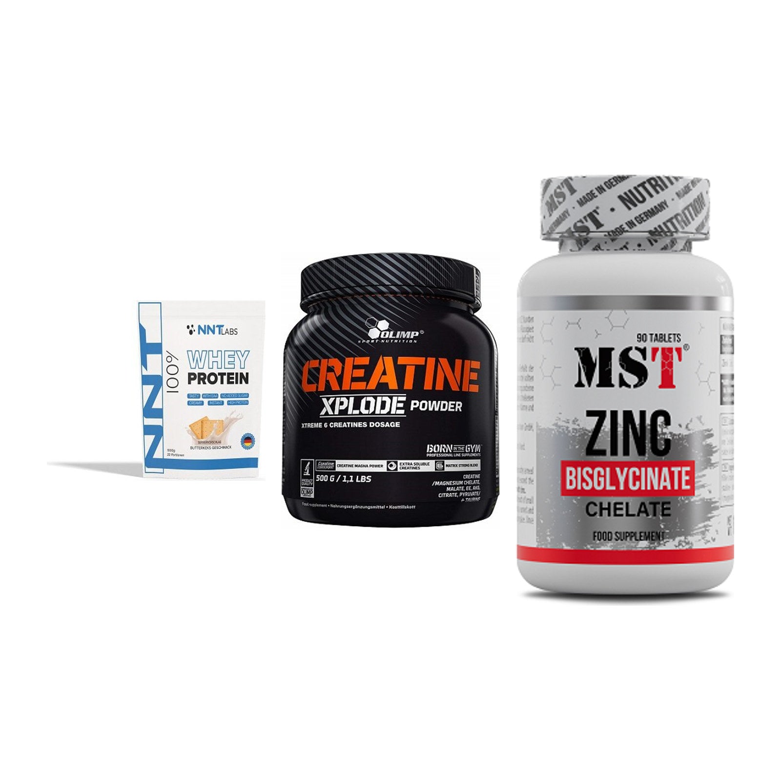 Einsteiger-Set: NNT Whey + Olimp Creatine + MST Zinc Chelate – alle enthaltenen Artikel